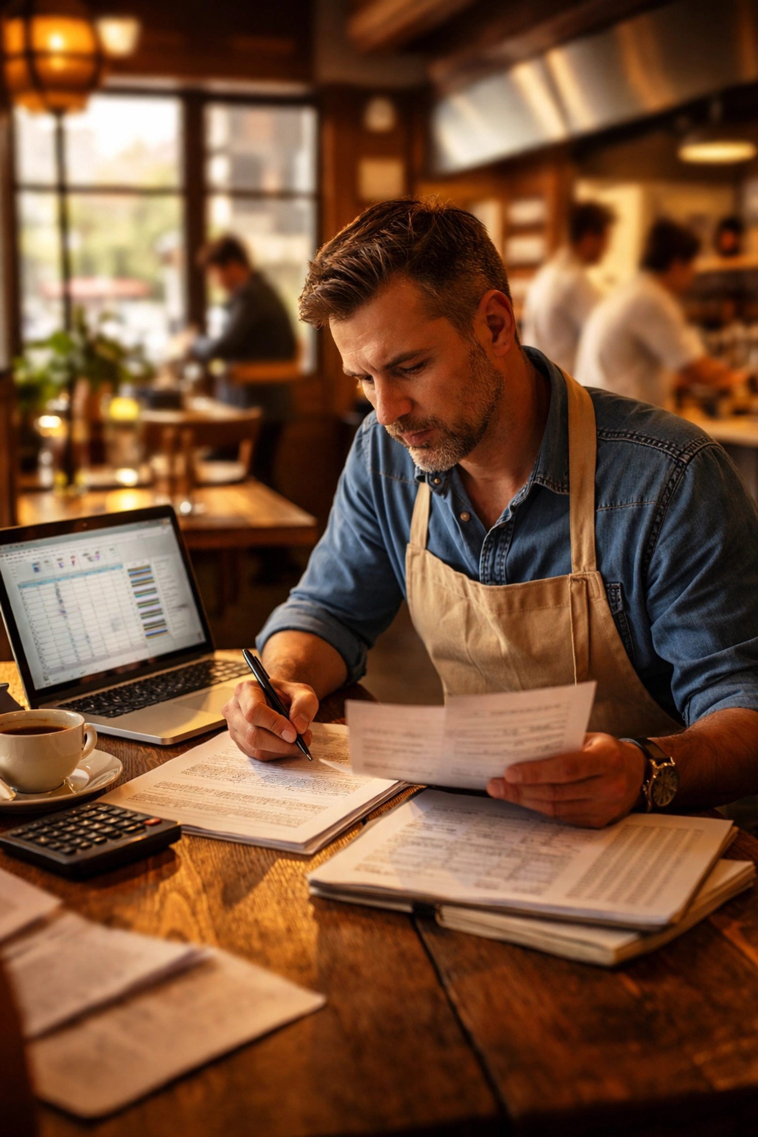Restaurant manager reviewing financial documents and labor cost spreadsheets in a San Francisco restaurant during sunset, focusing on margin strategies.