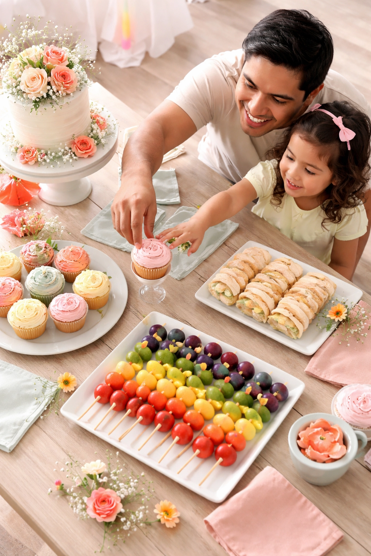 DIY kids' party dessert table with cupcakes, fruit kabobs, and family enjoying budget-friendly treats.