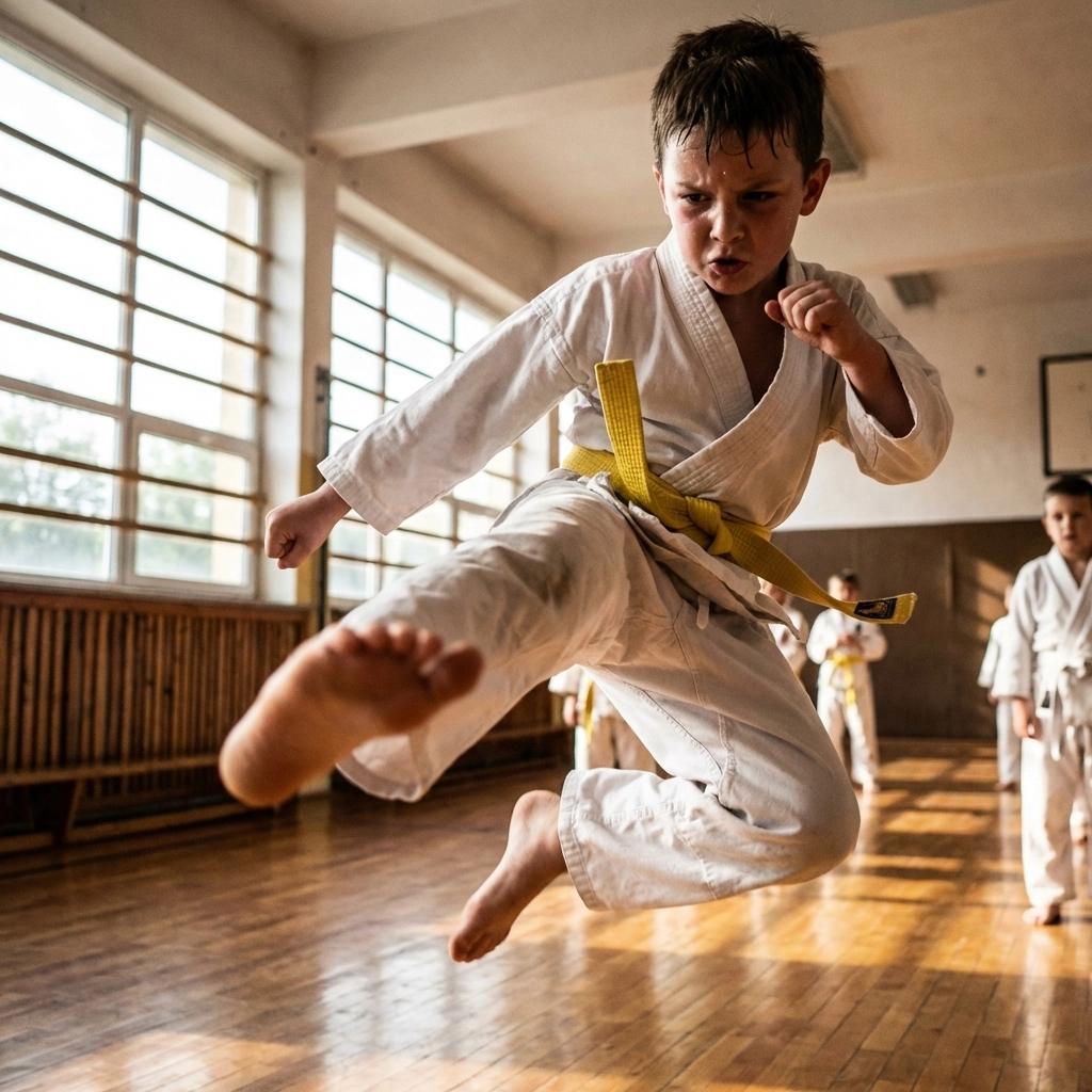Child practicing kick in kids martial arts class building confidence and focus