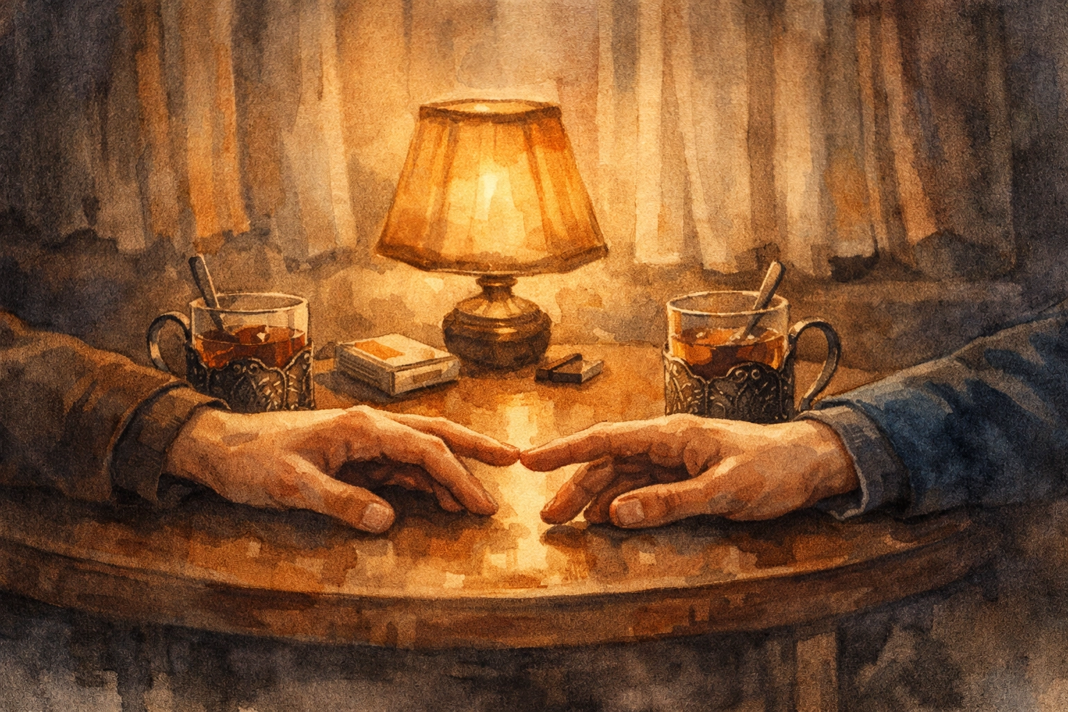 Two men's hands reaching across table in secret Soviet apartment - hidden gay love in USSR