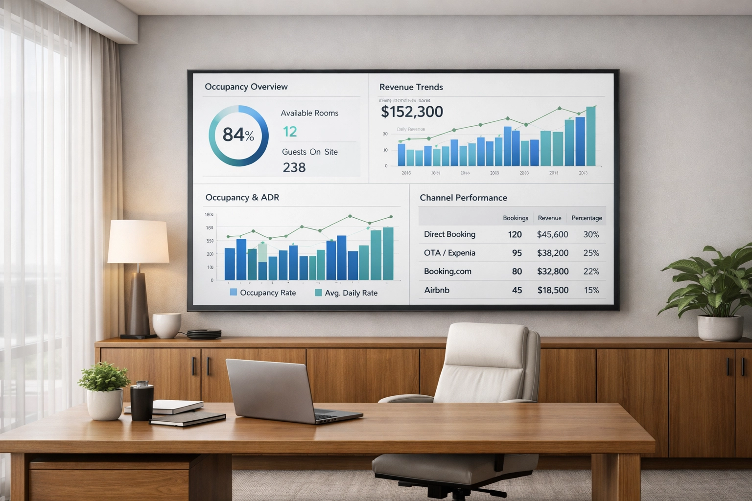 Hotel manager viewing real-time analytics dashboard with occupancy and revenue metrics