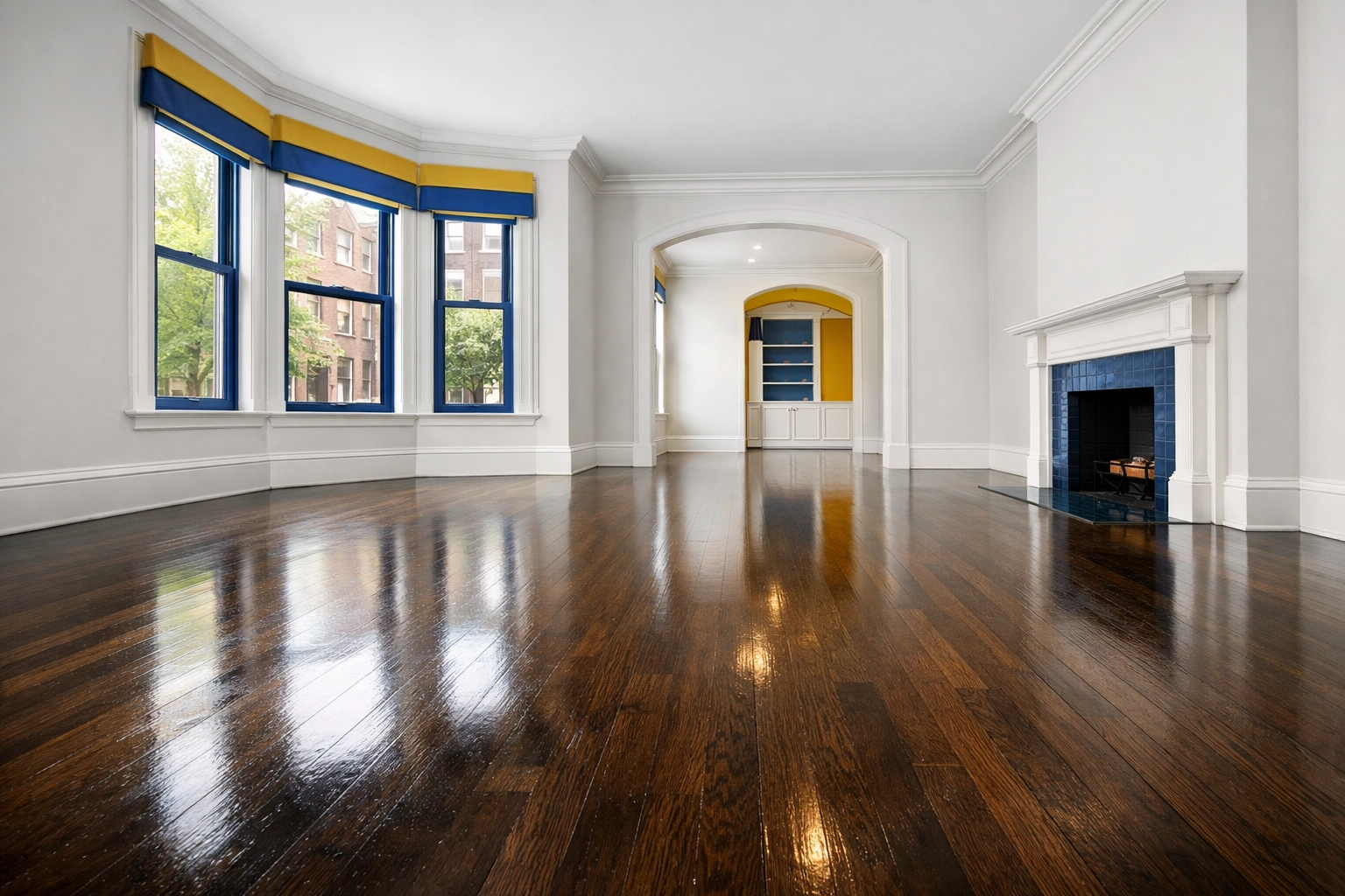 Pristine empty living room in a Cambridge brownstone after a professional move-in cleaning service.