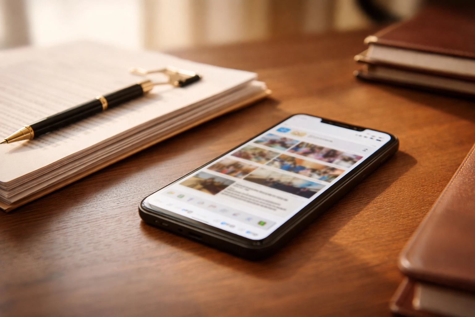 Smartphone on legal documents desk showing a blurred social media feed in a Fredericksburg VA divorce attorney's office