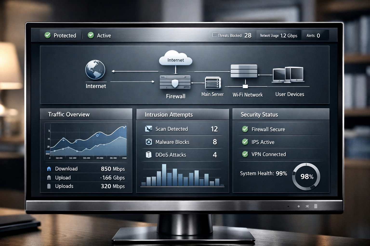 IT monitoring dashboard displaying real-time network security status and protection metrics