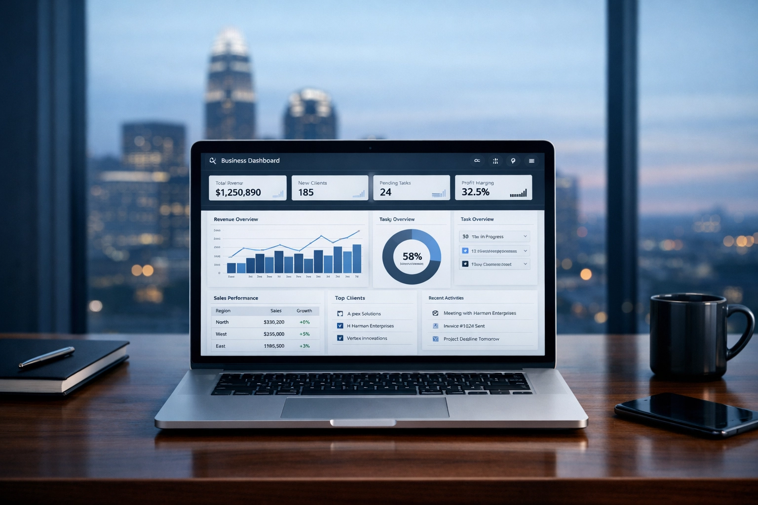 Business management dashboard on a laptop in a modern office representing scalable systems in North Carolina.