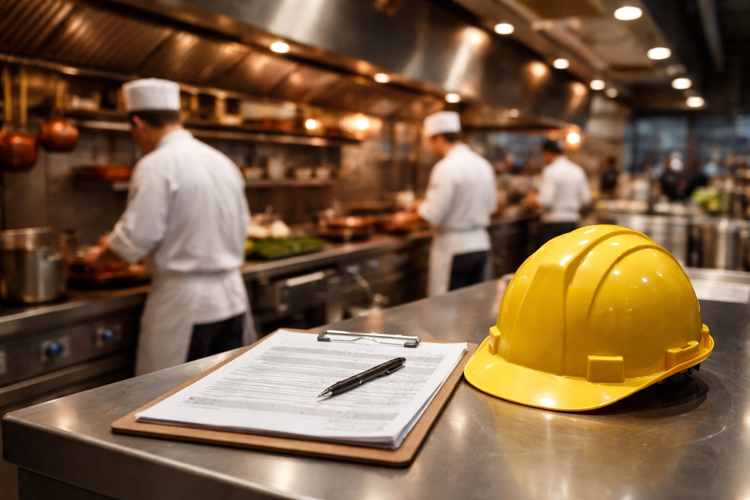 Commercial kitchen scene highlighting workplace safety compliance for restaurant workers compensation requirements