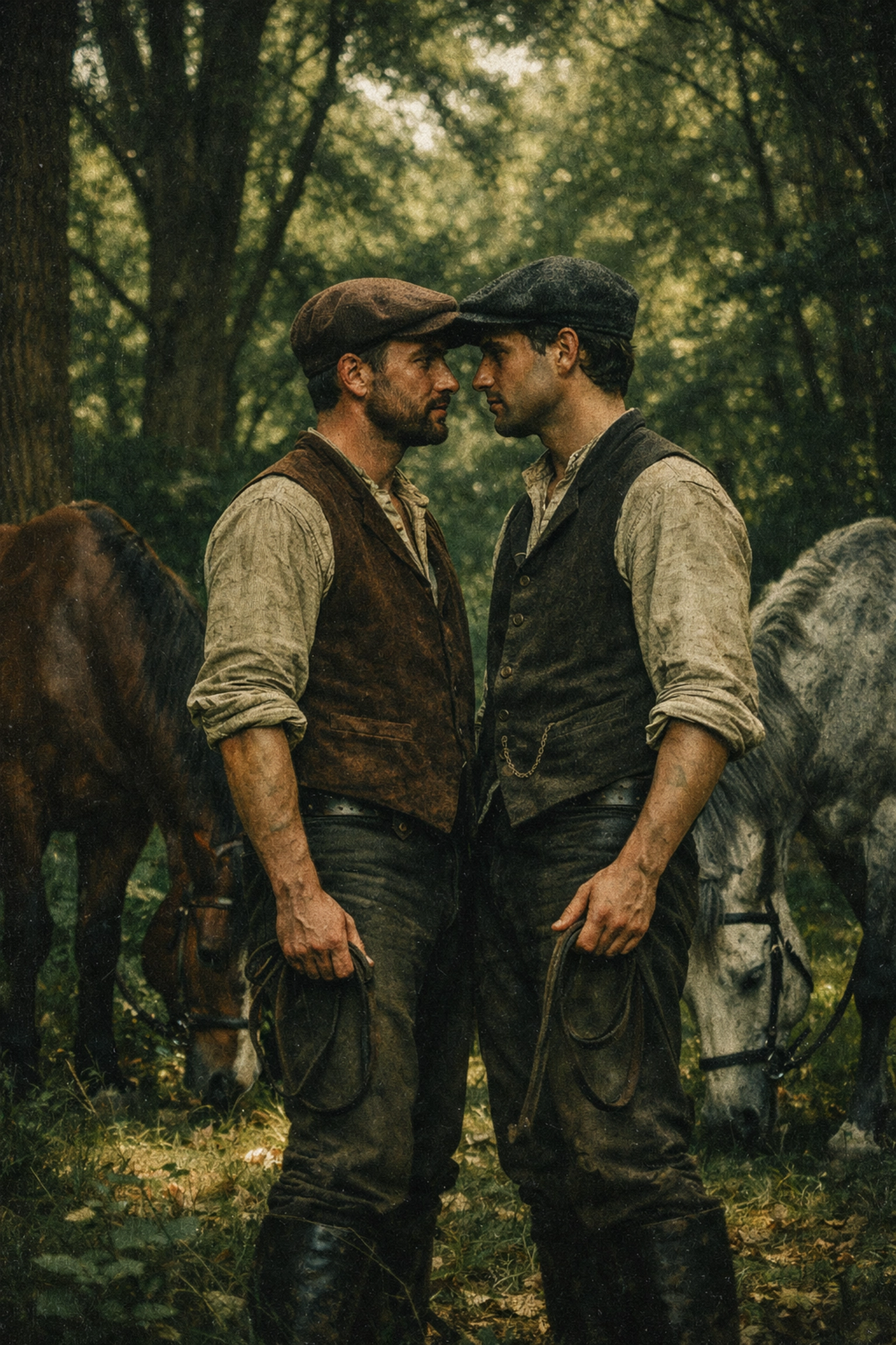 Two 19th-century men in a secret forest meeting with their horses, reflecting gay historical romance themes.