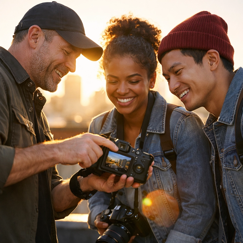 Students at a photography workshop learning how to use manual mode camera settings during a sunset session.