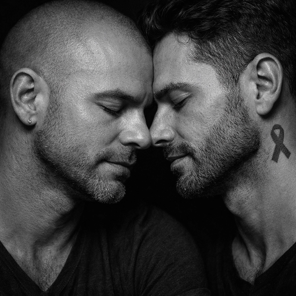 An intimate portrait of a gay couple embracing, showing the emotional bond and trust in queer relationships.