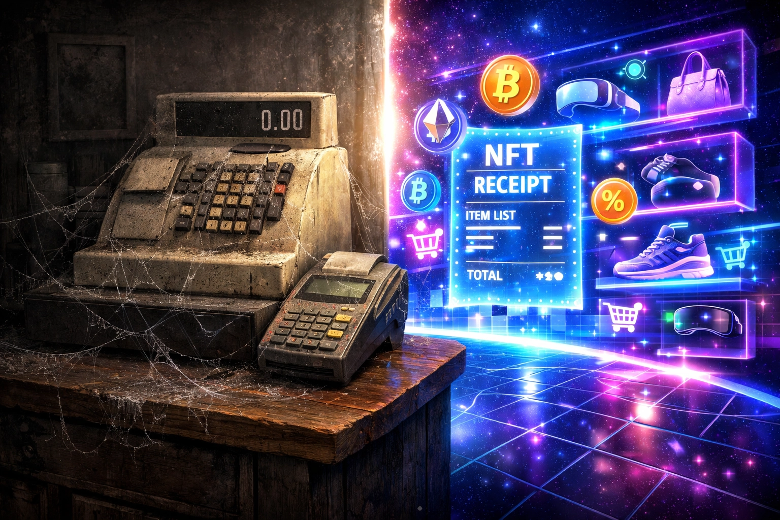 Traditional POS terminal versus futuristic metaverse payment interface with crypto and NFT receipts