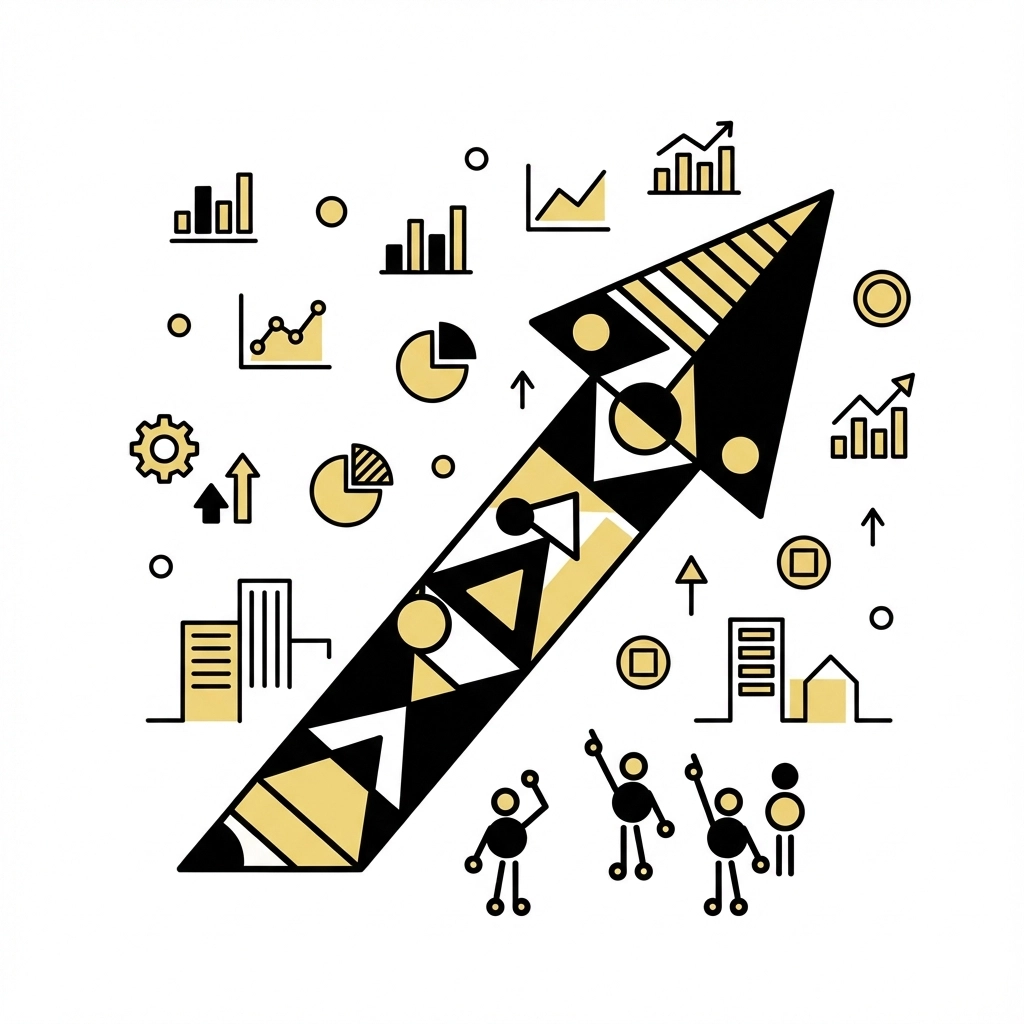 Abstract arrow with geometric patterns and graph icons pointing upward, surrounded by figures and buildings in black and gold on white.