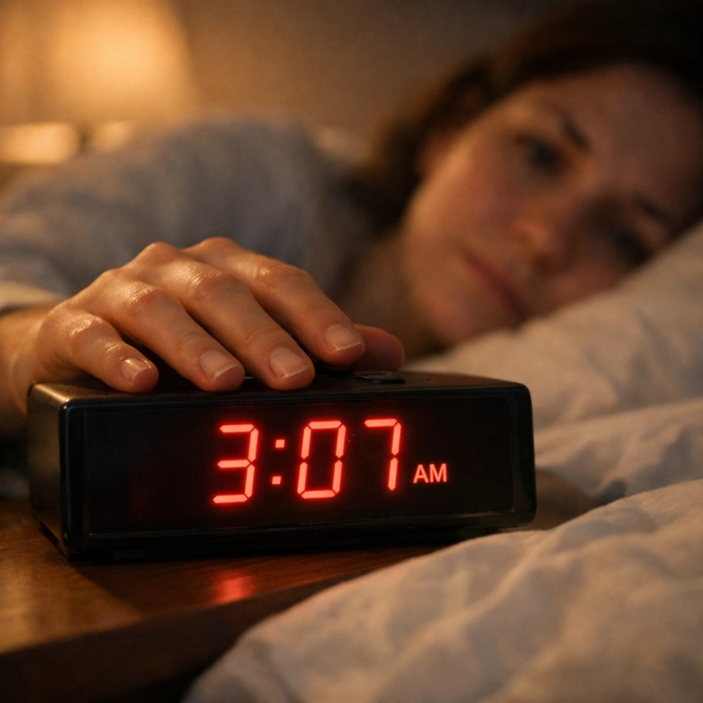 Woman waking at 3am during perimenopause reaching for bedside alarm clock Woman waking at 3am during perimenopause reaching for bedside alarm clock