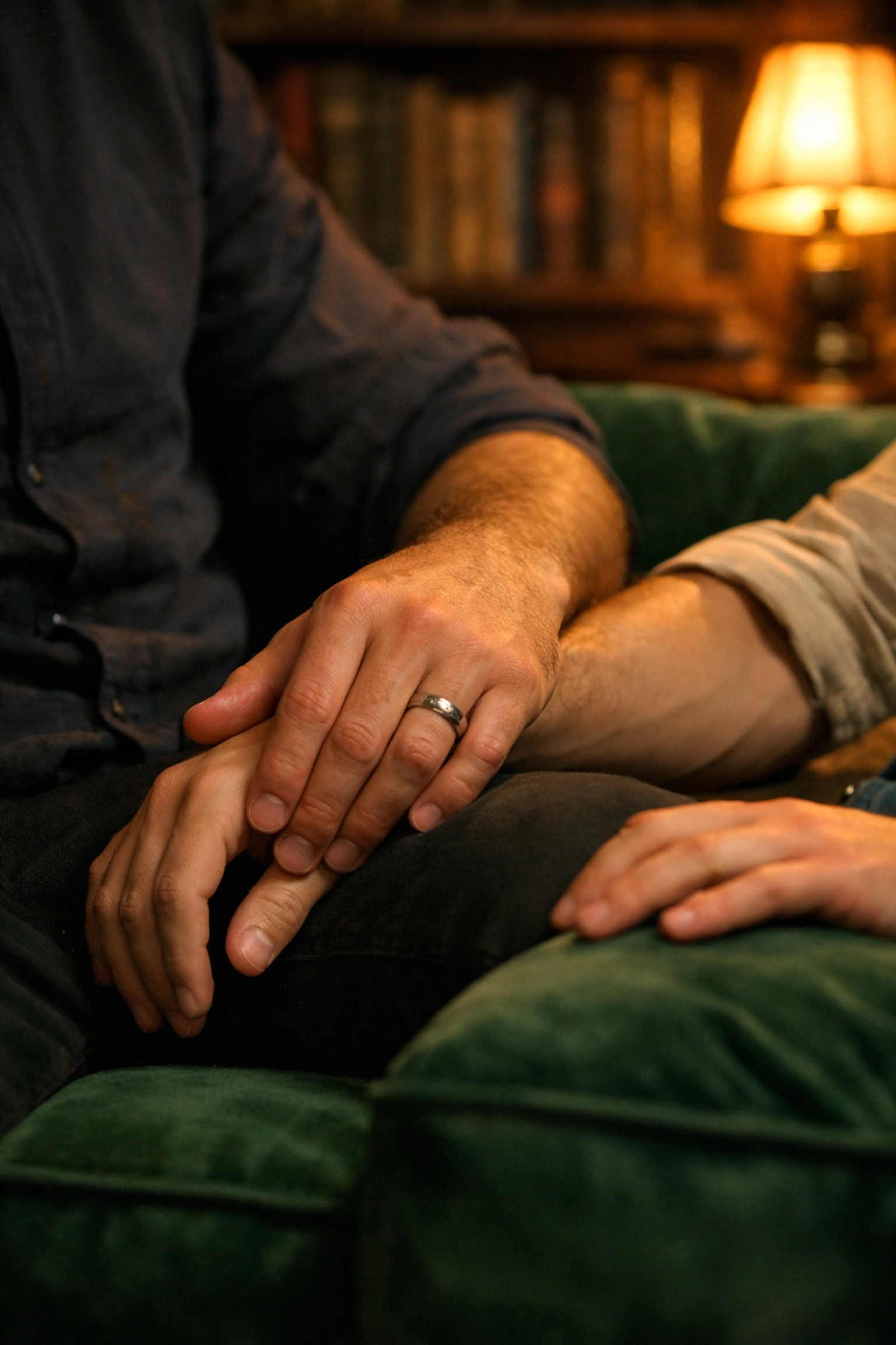 Close-up of a gay couple's hands connecting on a green velvet sofa in an intimate club library setting.