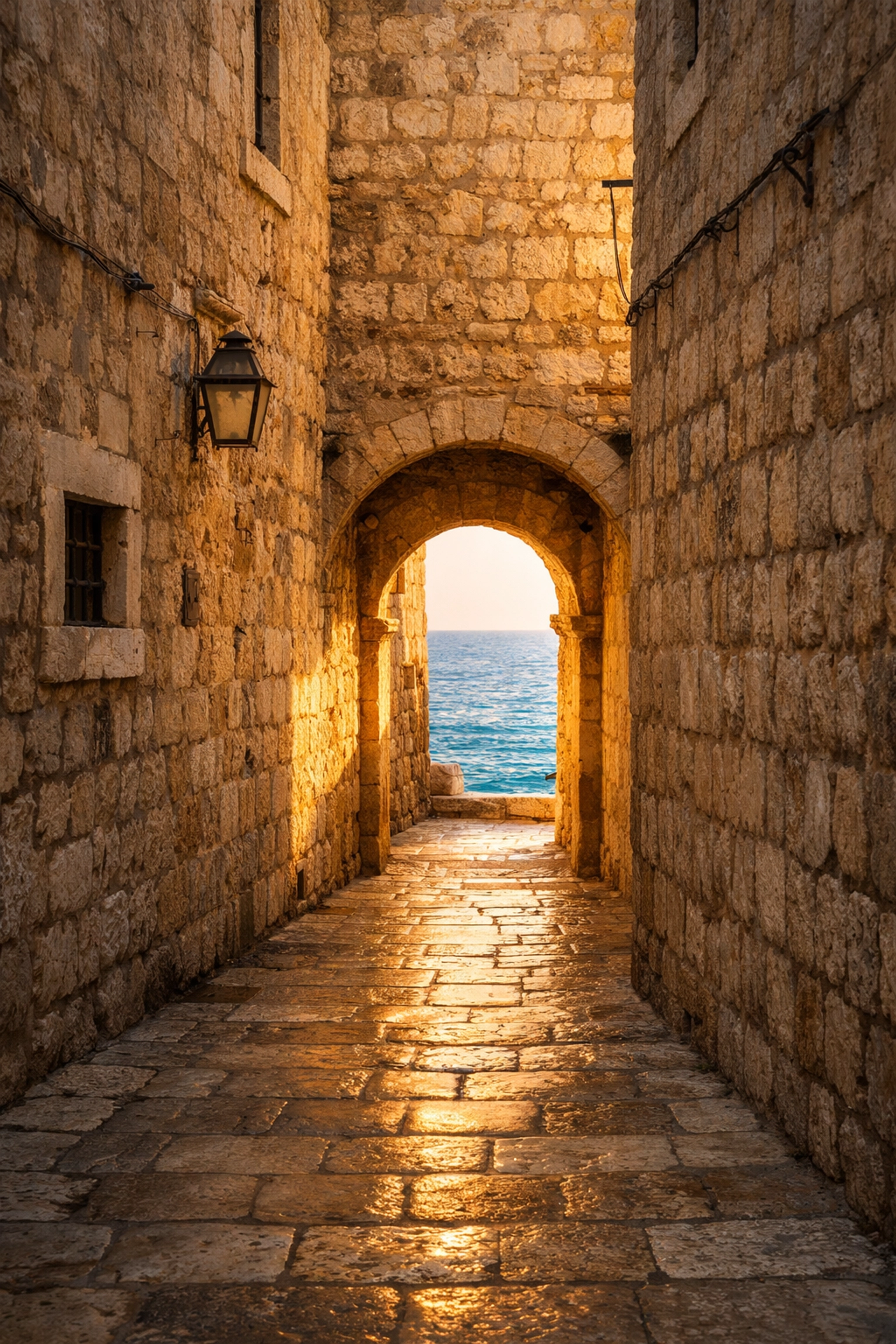 A sun-lit narrow limestone street in Old Town Dubrovnik, showing the historic architecture of the Adriatic coast.