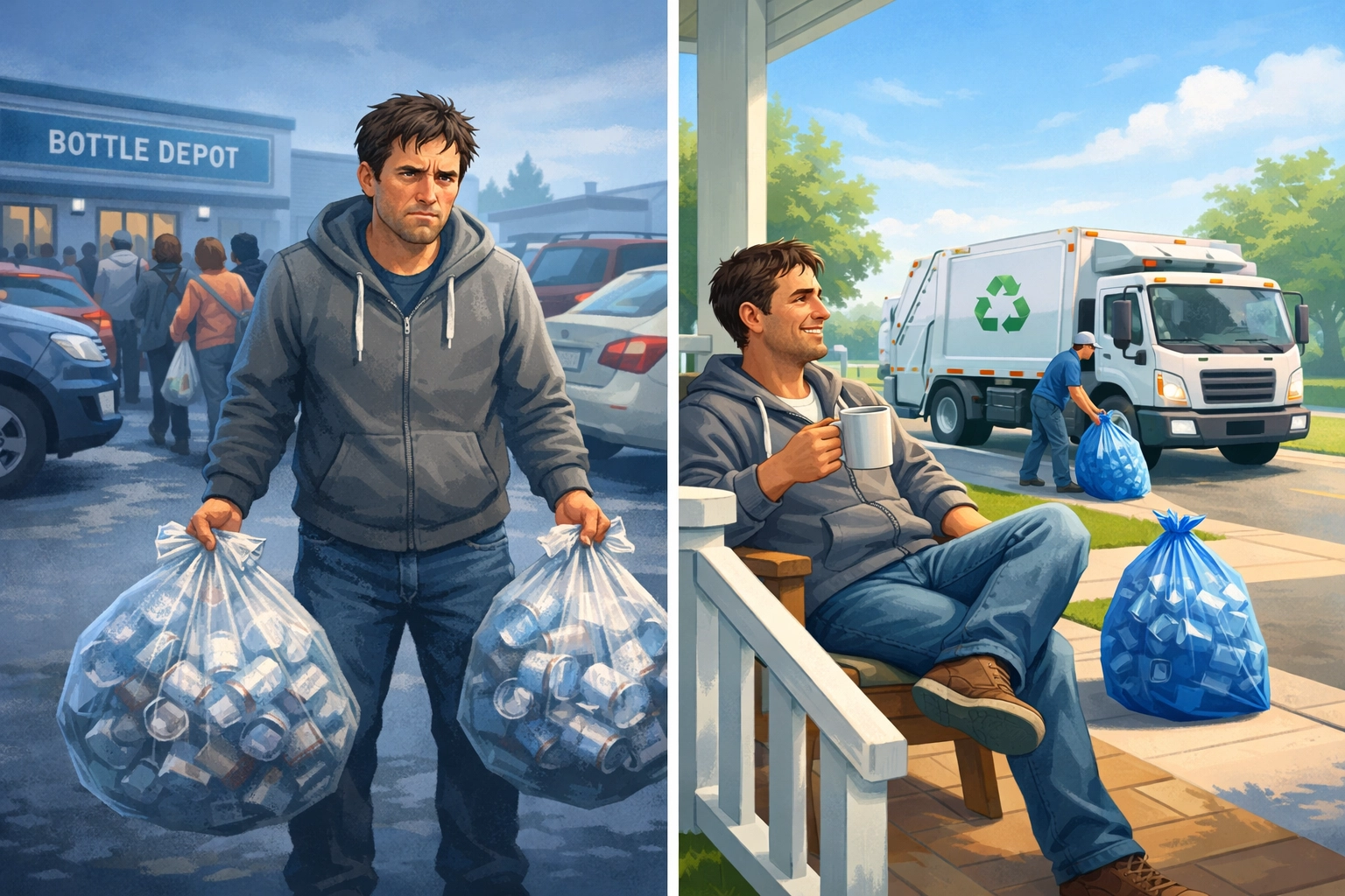 Comparison of crowded depot can returns versus convenient curbside recycling pickup at home