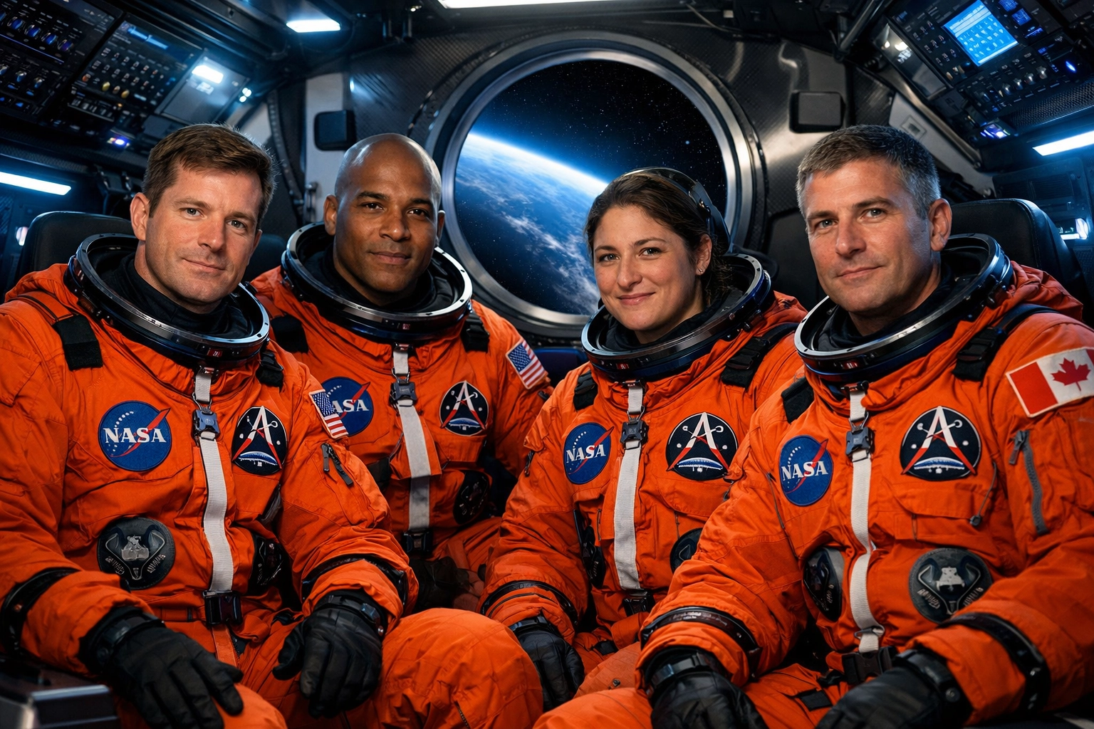 Four astronauts in orange suits inside the Orion spacecraft for the Artemis II mission with Earth in the window.