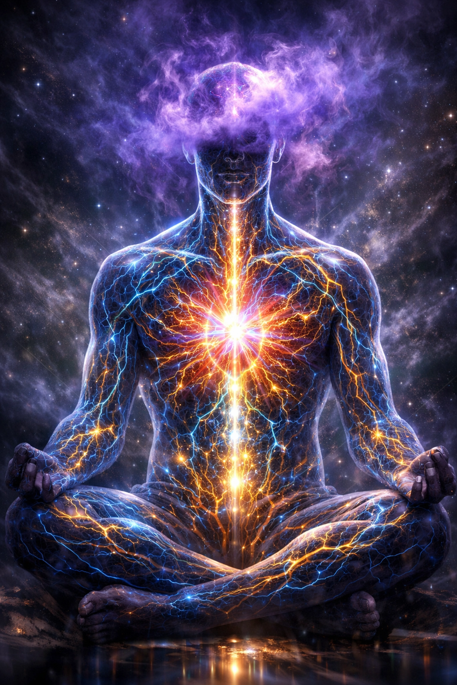 Visionary artwork of glowing neural pathways in a human body illustrating nervous system regulation and healing.