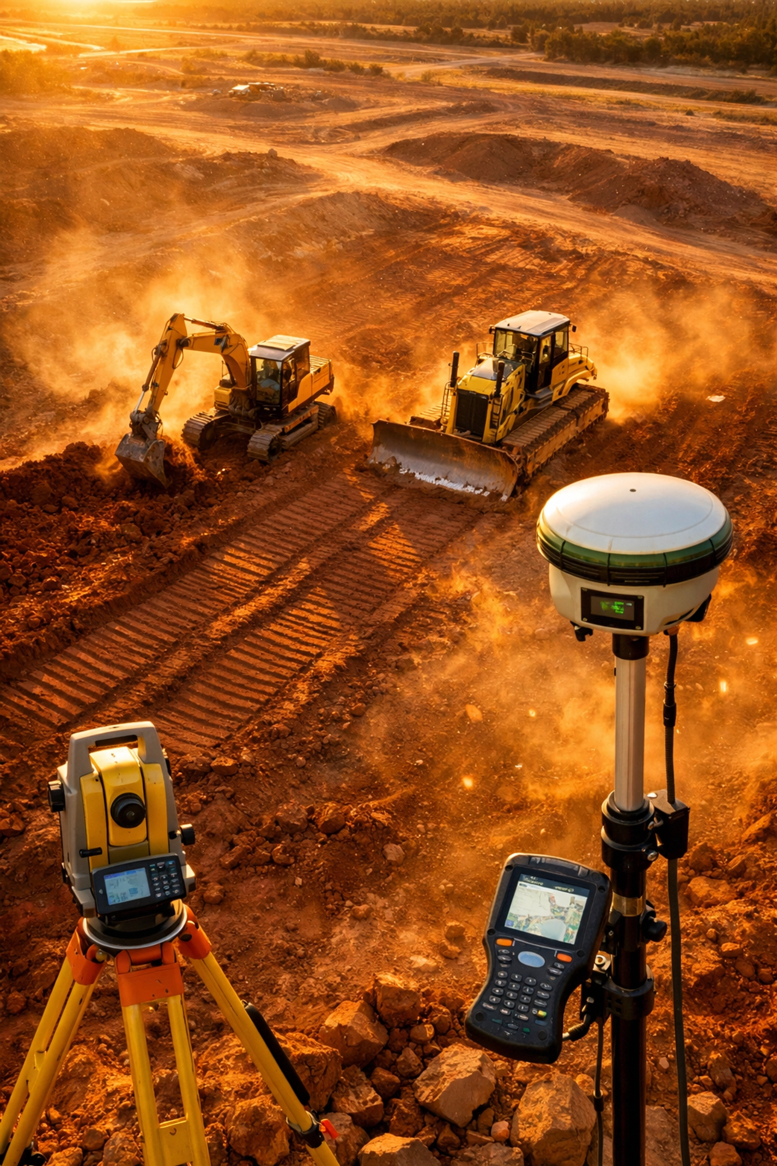 Construction equipment on development site with excavator and bulldozer preparing land infrastructure
