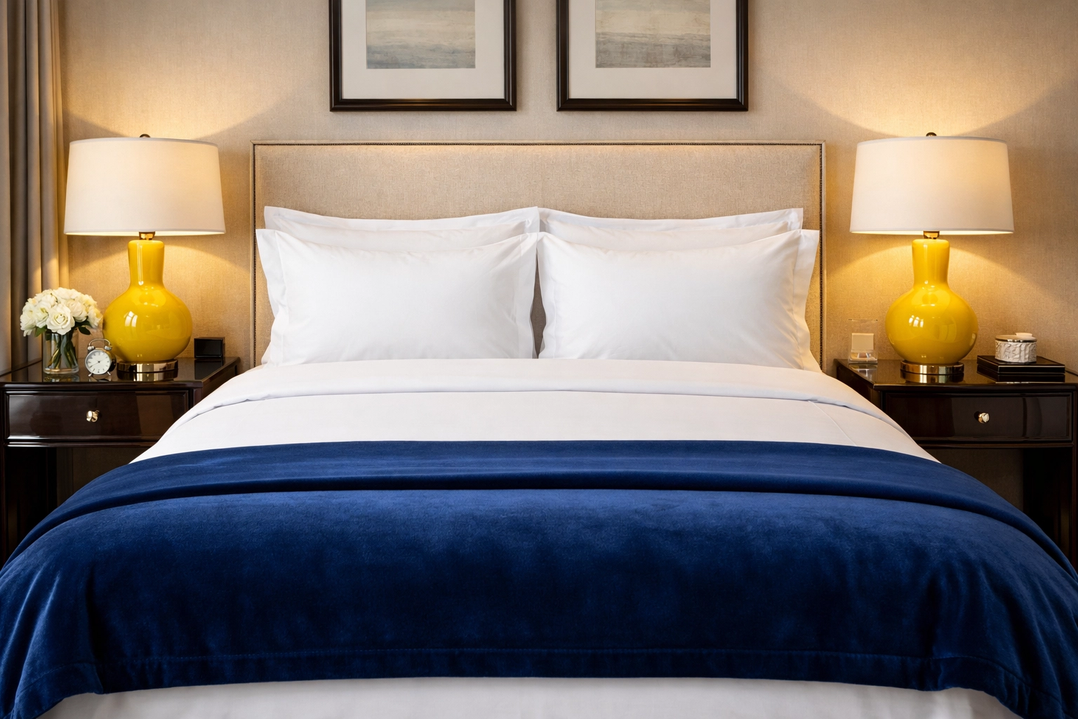 Master bedroom with professionally made bed and organized furniture in a Southborough estate.