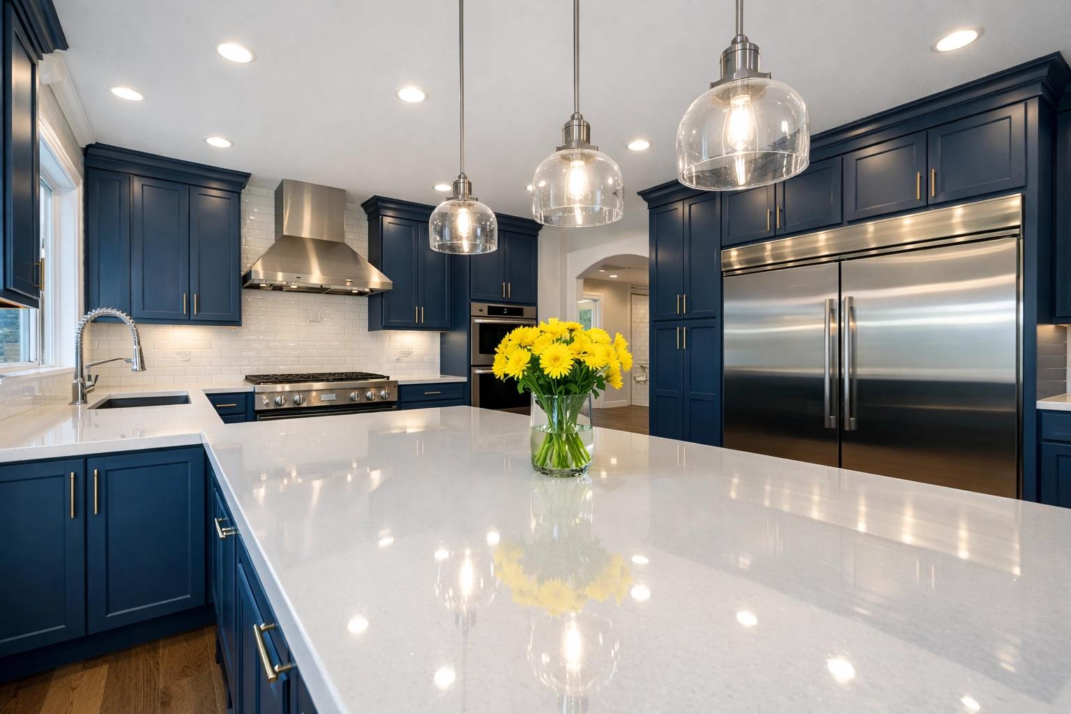 A spotless luxury kitchen with deep blue cabinets after a professional post-construction cleaning.