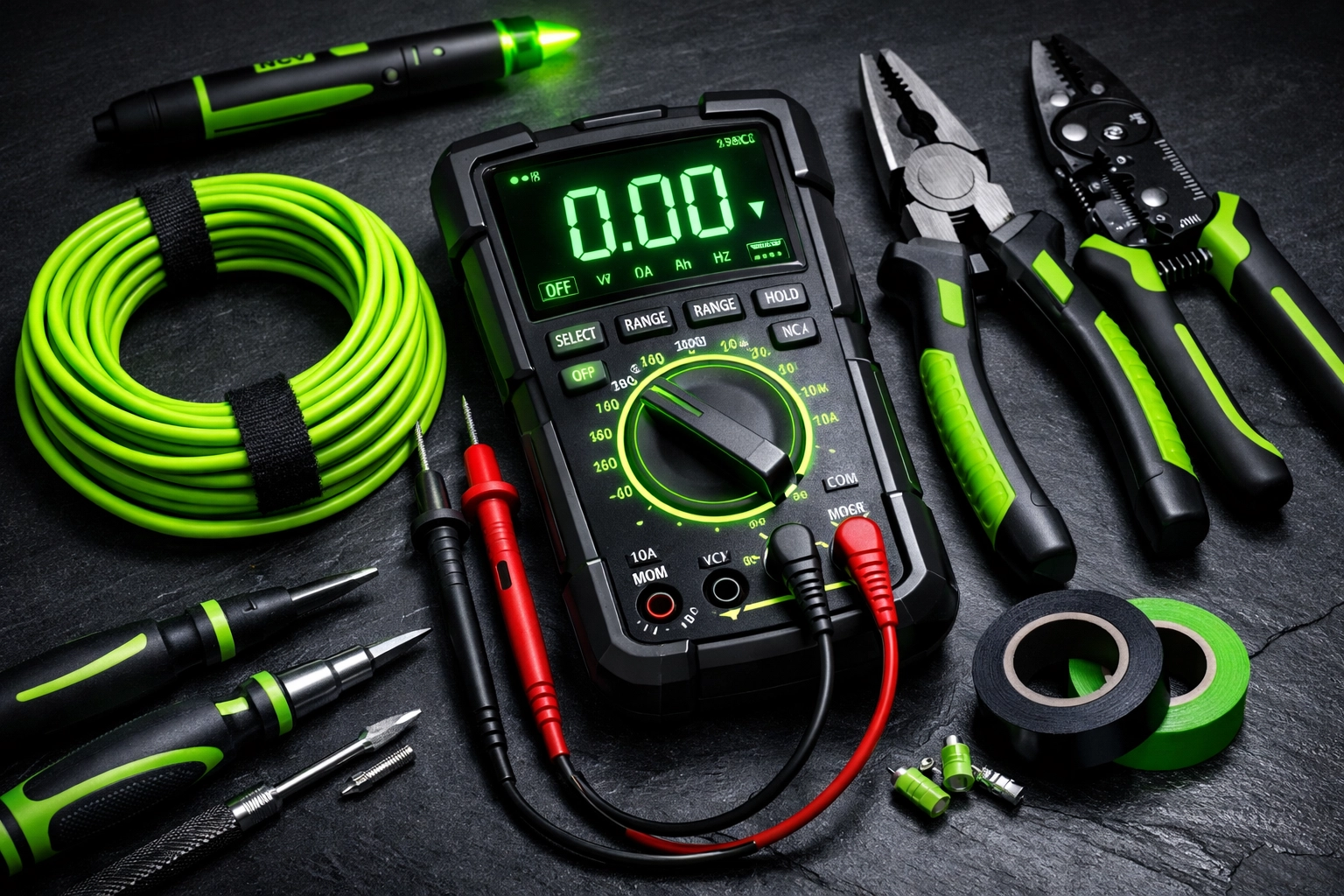 Professional electrician diagnostic toolkit and multimeter for emergency electrical repairs in Camden County.