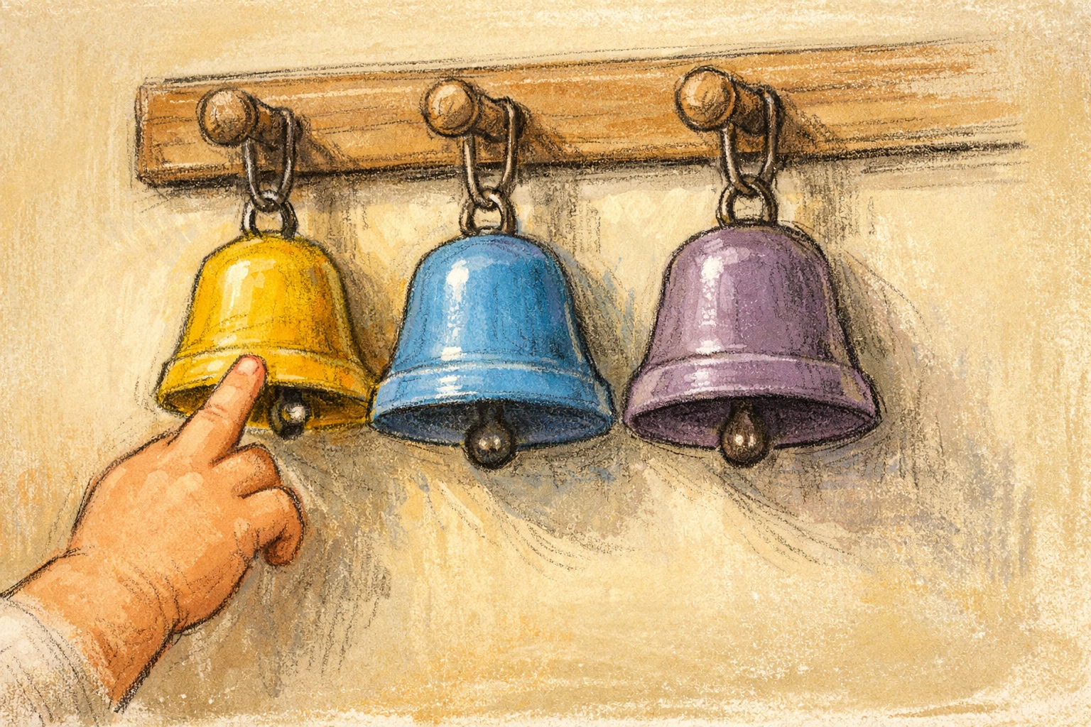 A child reaching for colorful prayer bells on a wall representing a consistent daily family faith rhythm.