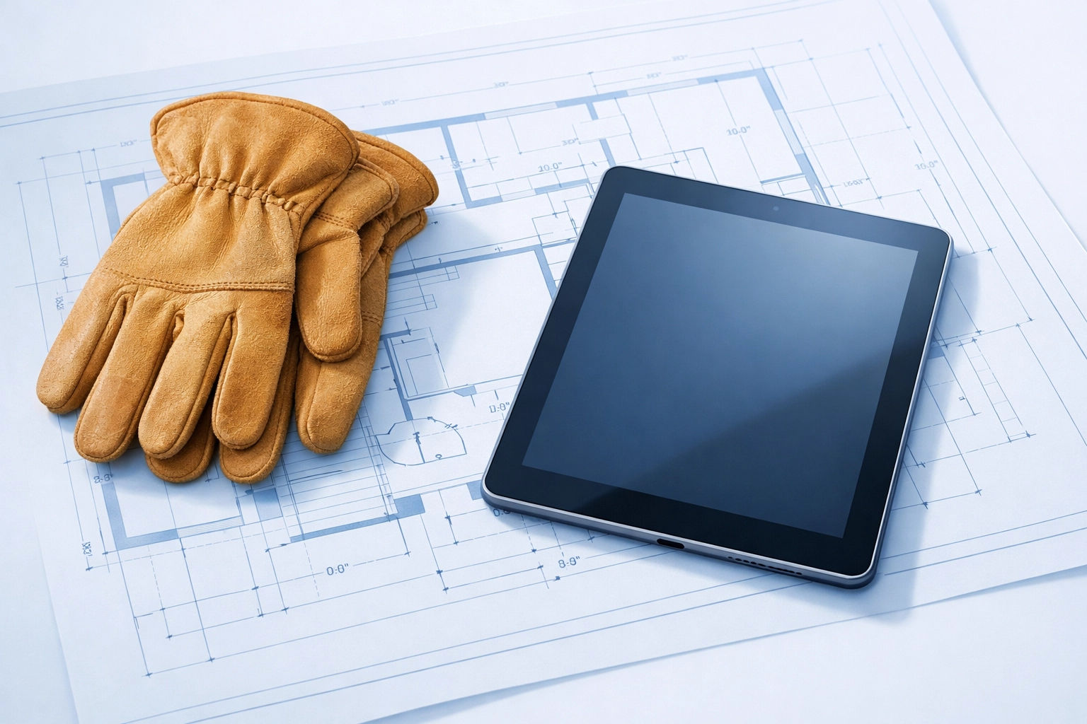 Work gloves and digital tablet showing documented business processes for an Alabama home service company.