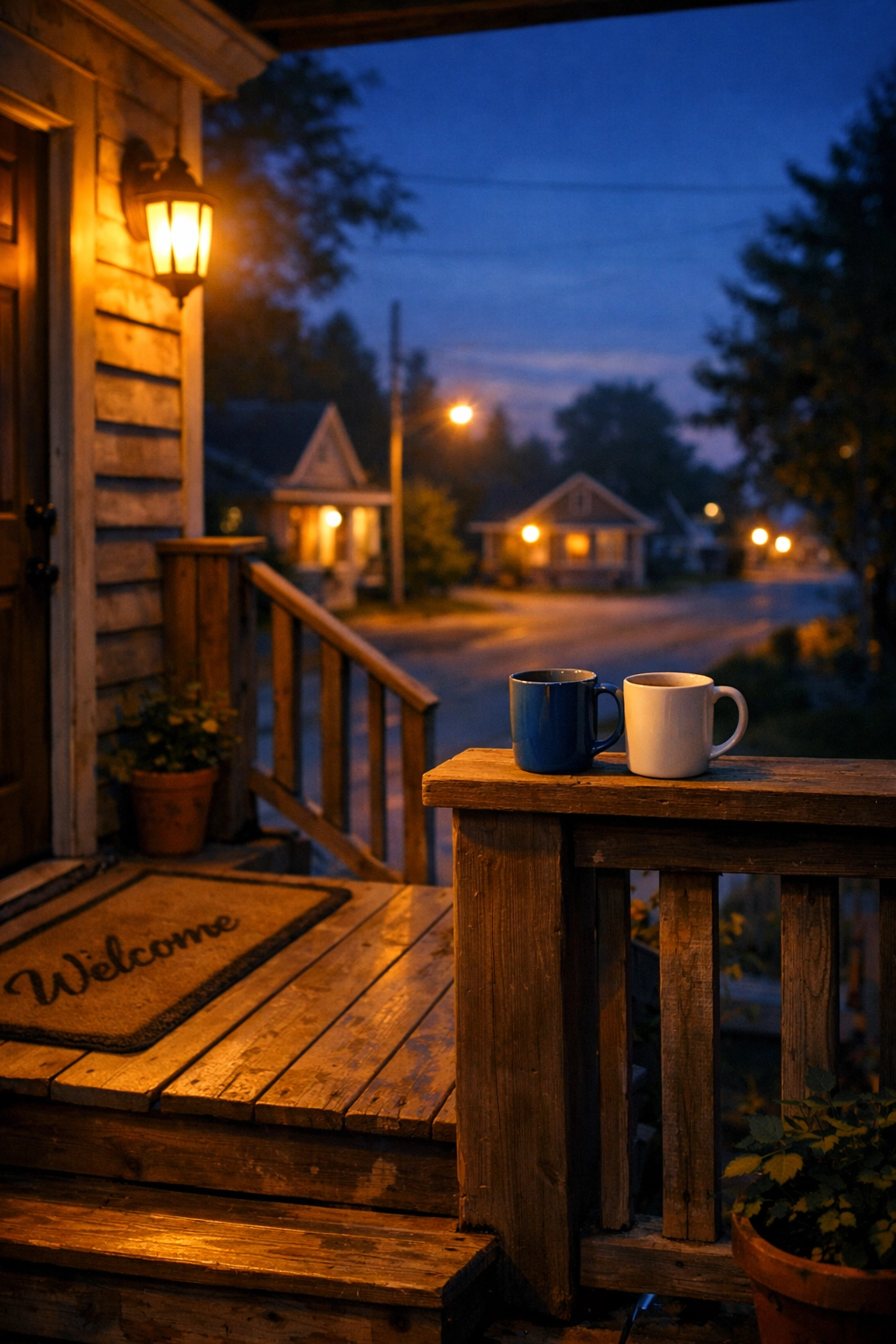 Front porch at dusk with coffee mugs - sanctuary for gay couple in small town