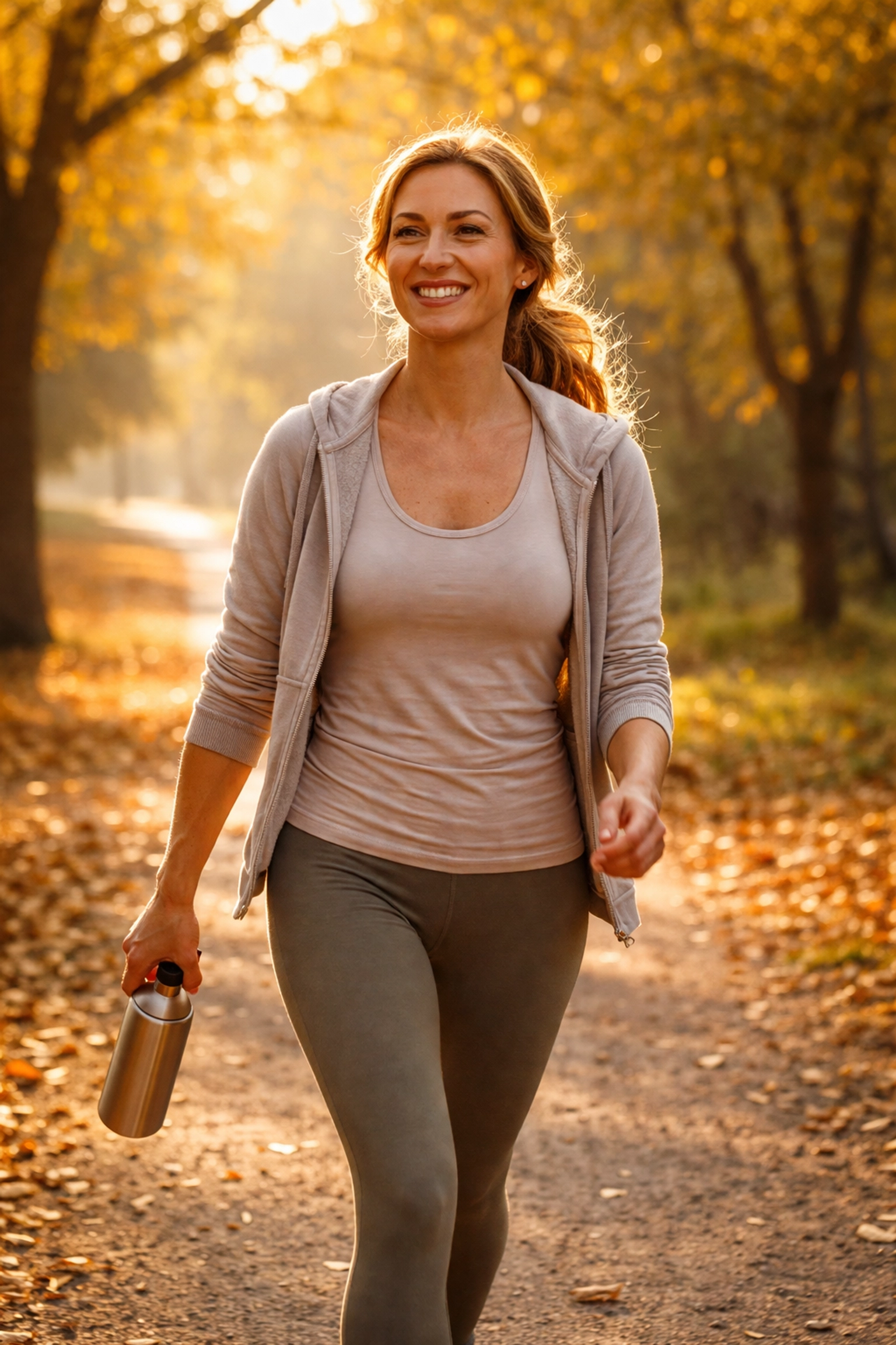 A healthy woman enjoys a brisk walk in a sunlit park, symbolizing sustainable metabolic health and long-term wellness from clinical weight management.