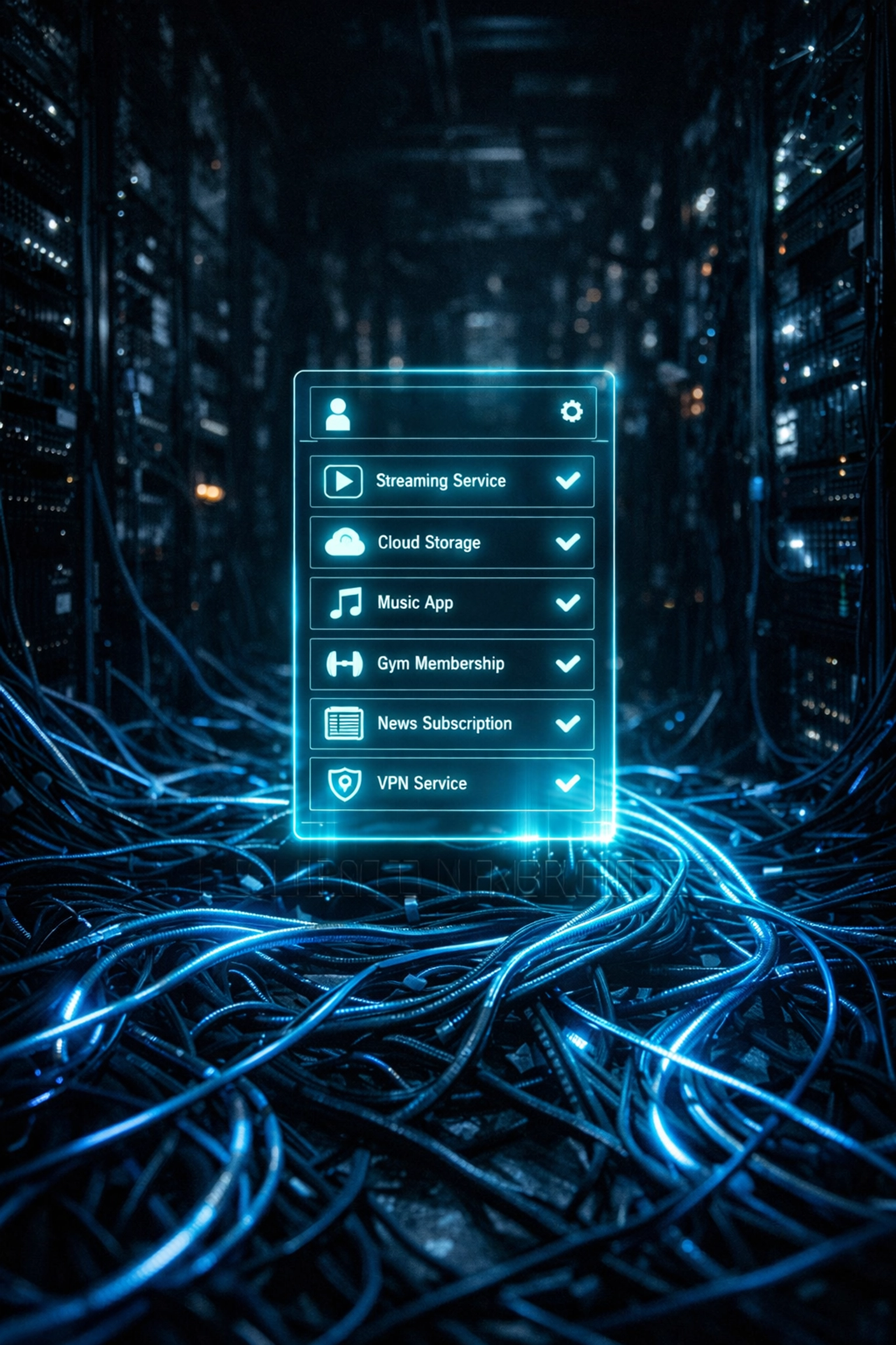 A glowing holographic interface representing custom CRM development cutting through messy subscription bloat cables.