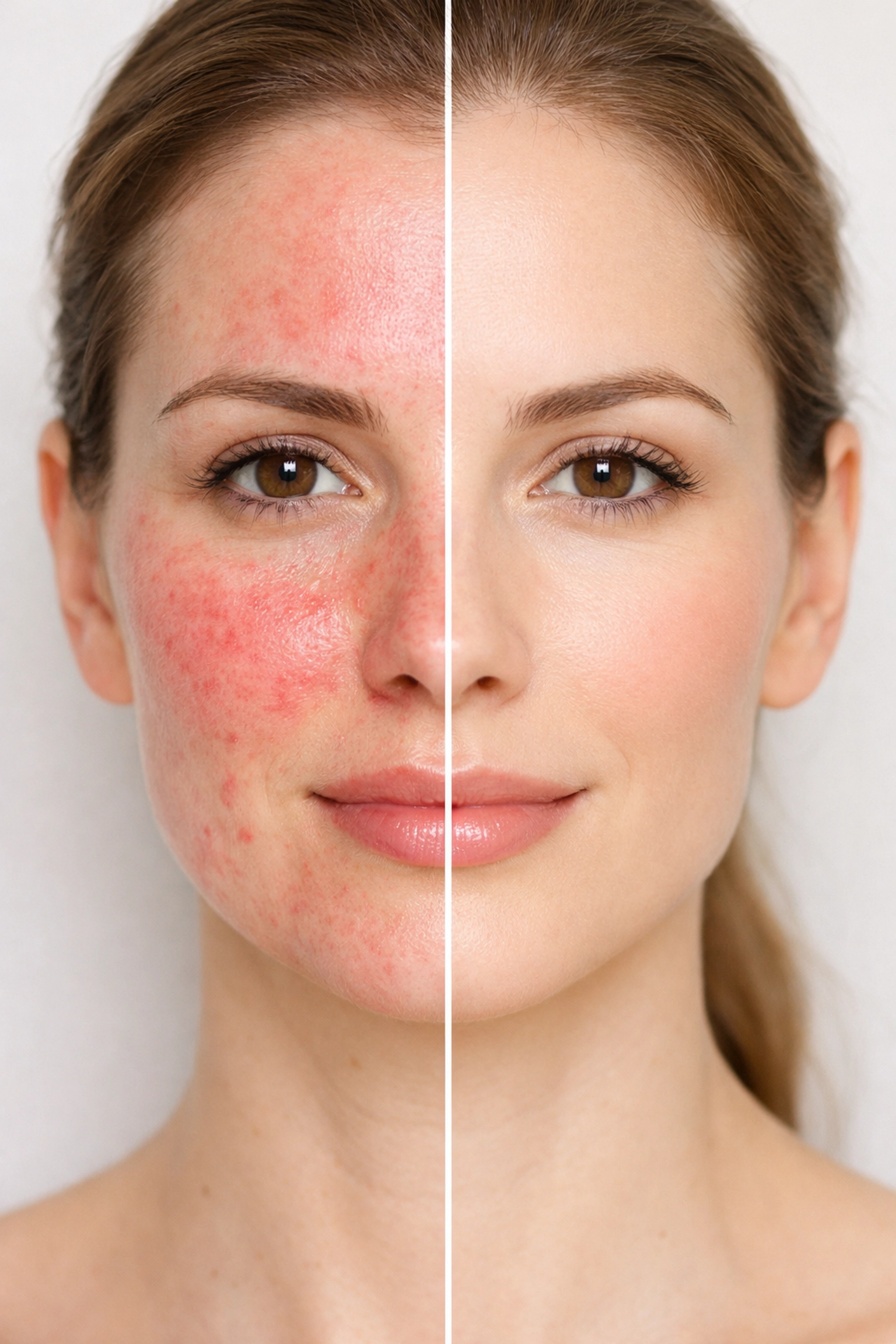 Before and after oxygen therapy showing reduced facial redness and inflammation