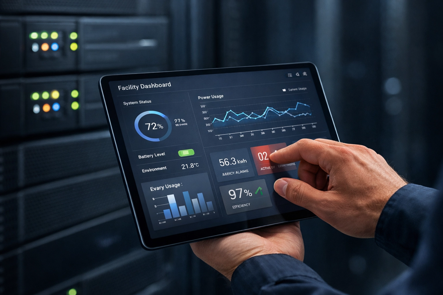 IT facility manager monitoring modular UPS status and power analytics on a digital tablet in a data center.