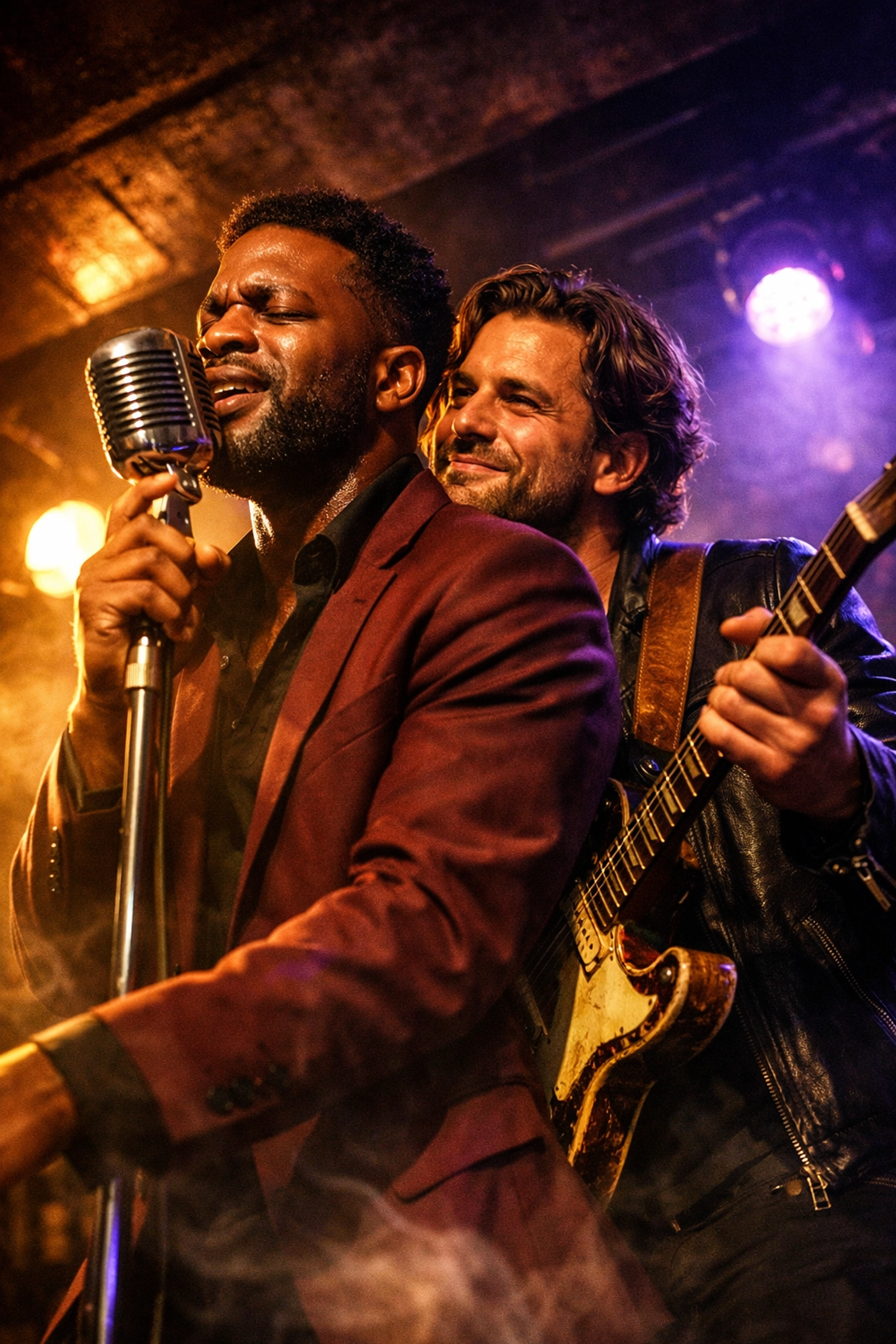 Two gay musicians performing an intimate duet on stage, reflecting popular rockstar tropes in MM romance books.