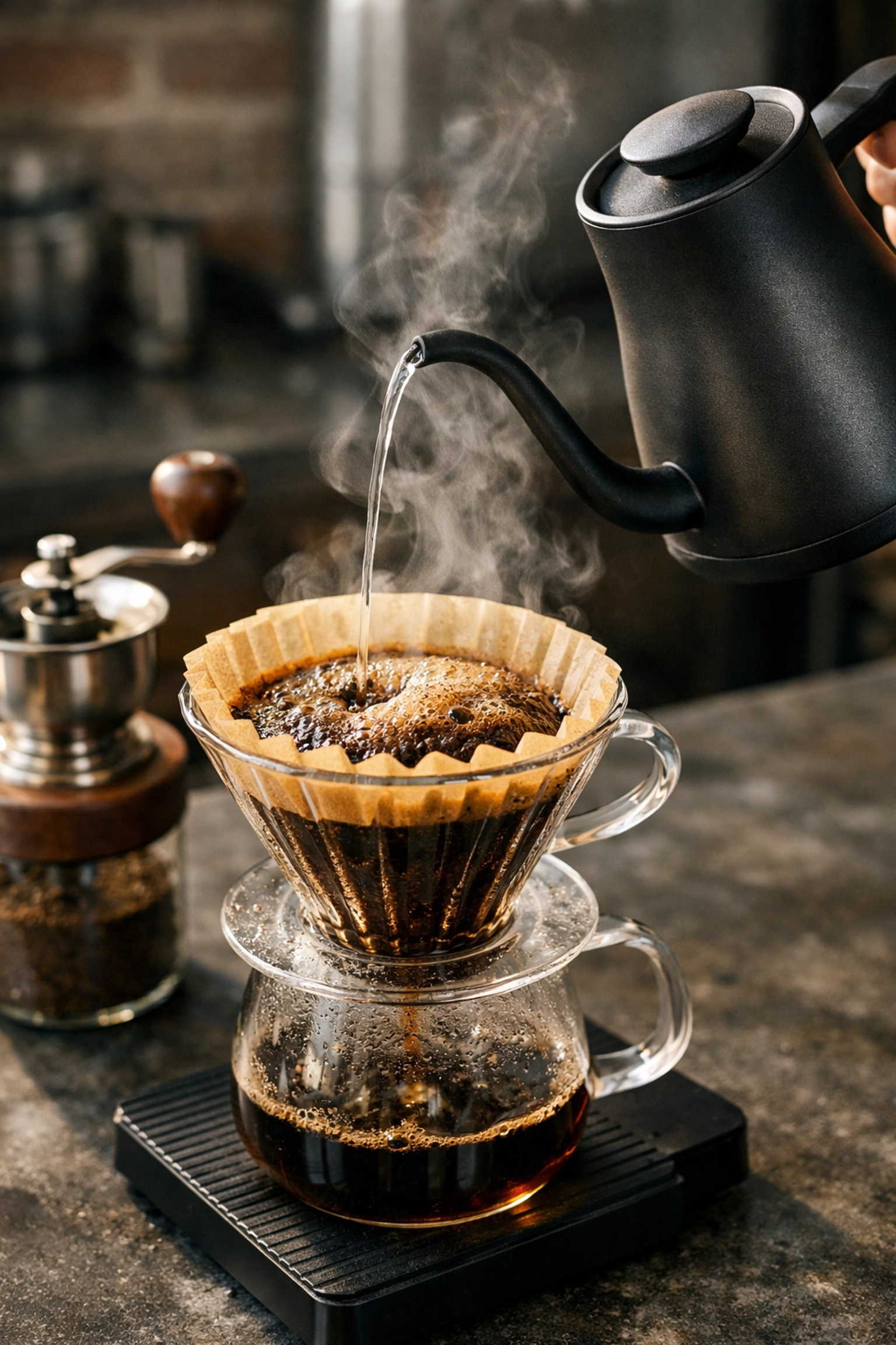 A manual pour-over coffee brewing method showing a bubbling bloom and gooseneck kettle.