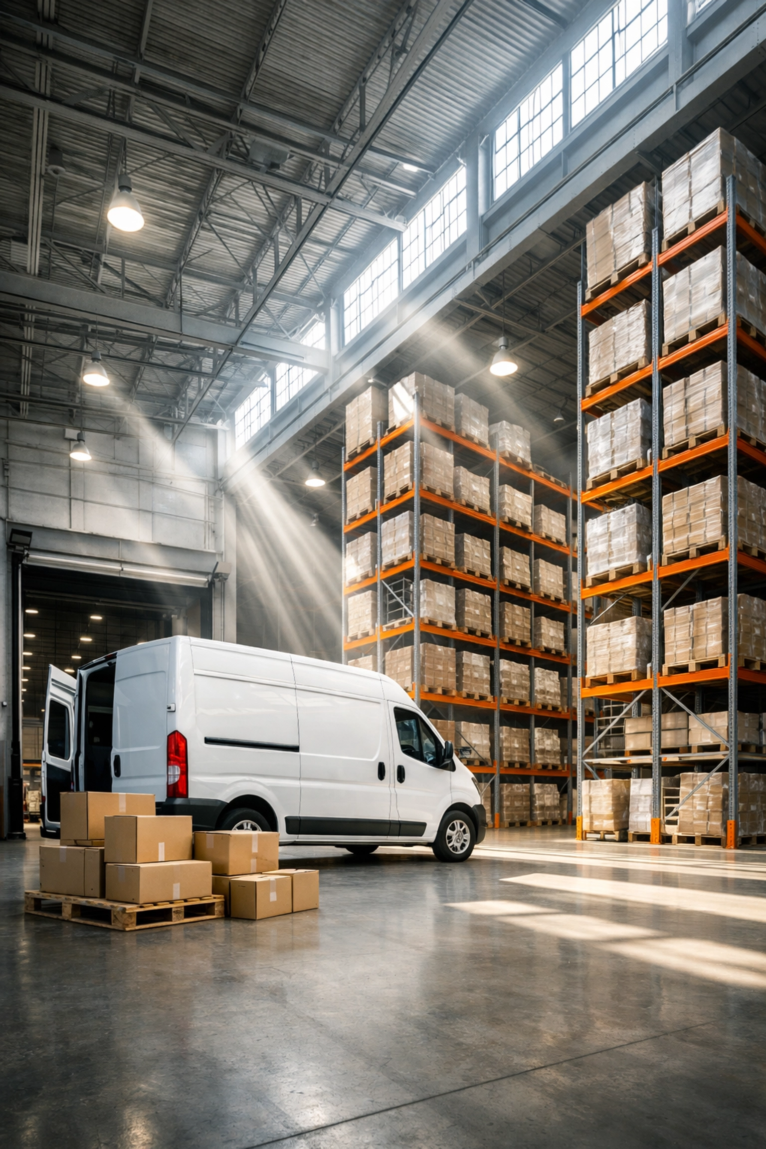 Vendoura's high-tech warehouse and delivery van ready for automated order fulfillment in Nigeria.