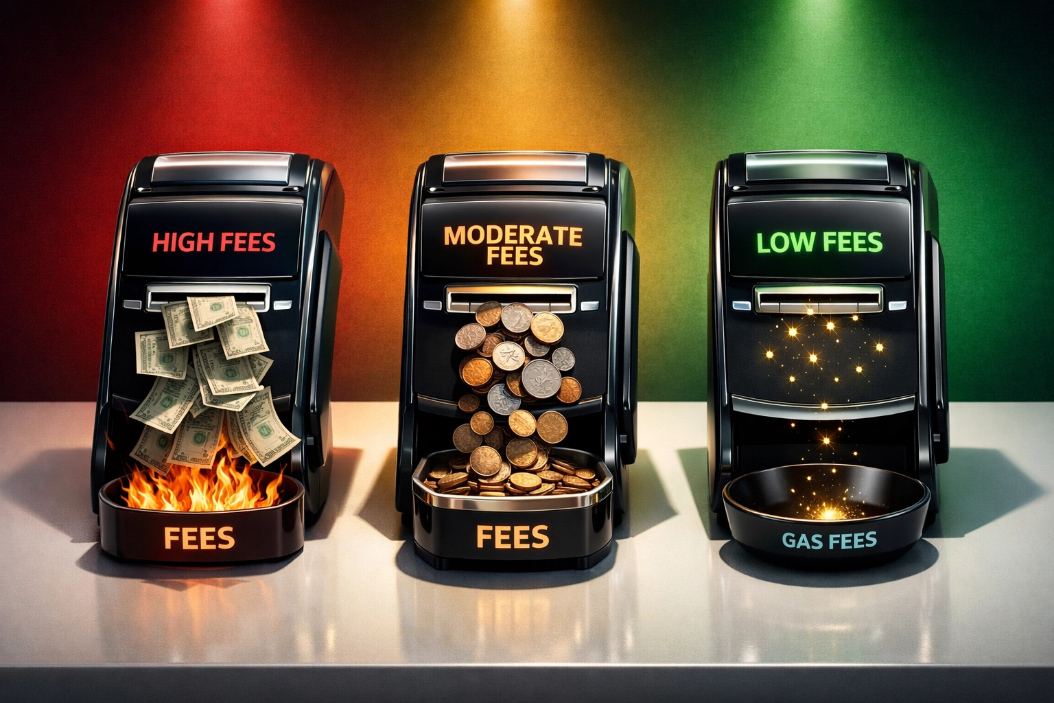 Three crypto payment terminals comparing merchant interchange fees from high to low costs
