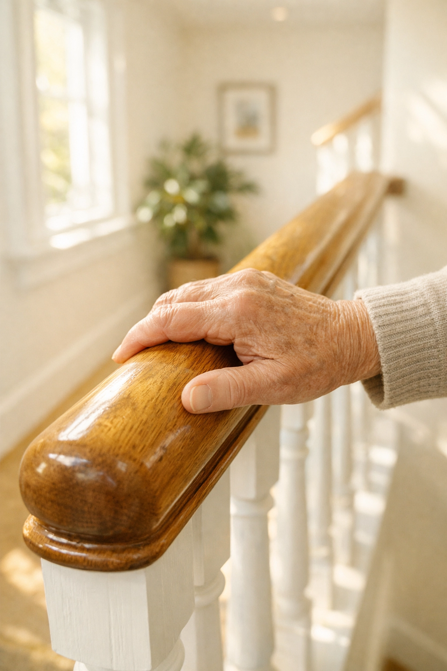 Close-up of an older adult using a sturdy wooden handrail for support and stability on home stairs.