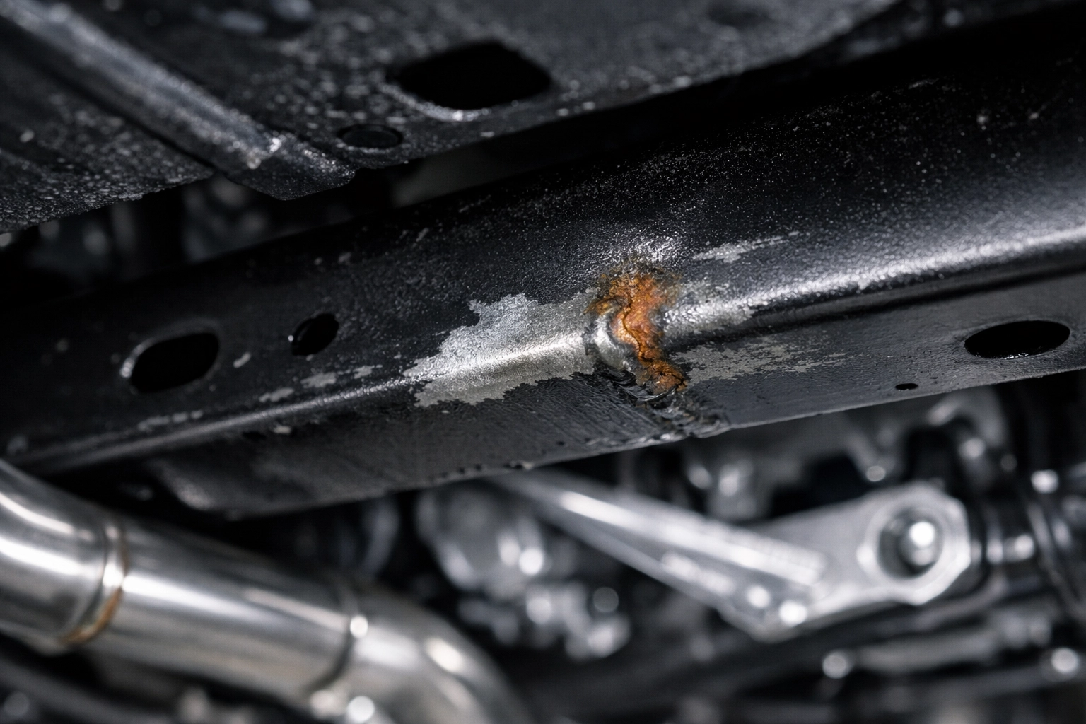 Close-up of a new car chassis showing thin factory coating and exposed metal vulnerable to rust.