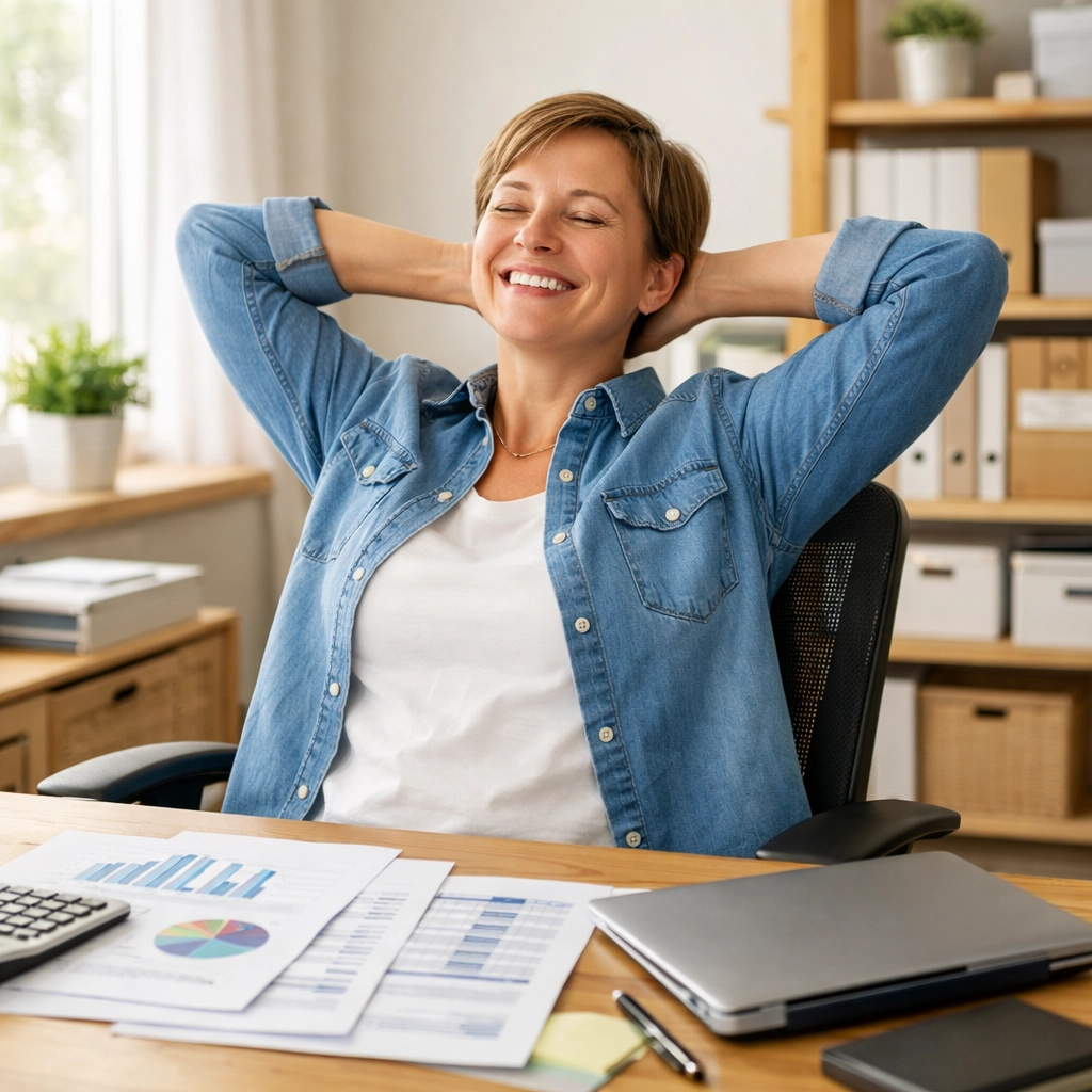 Relieved business owner with organized financial reports after bookkeeping cleanup