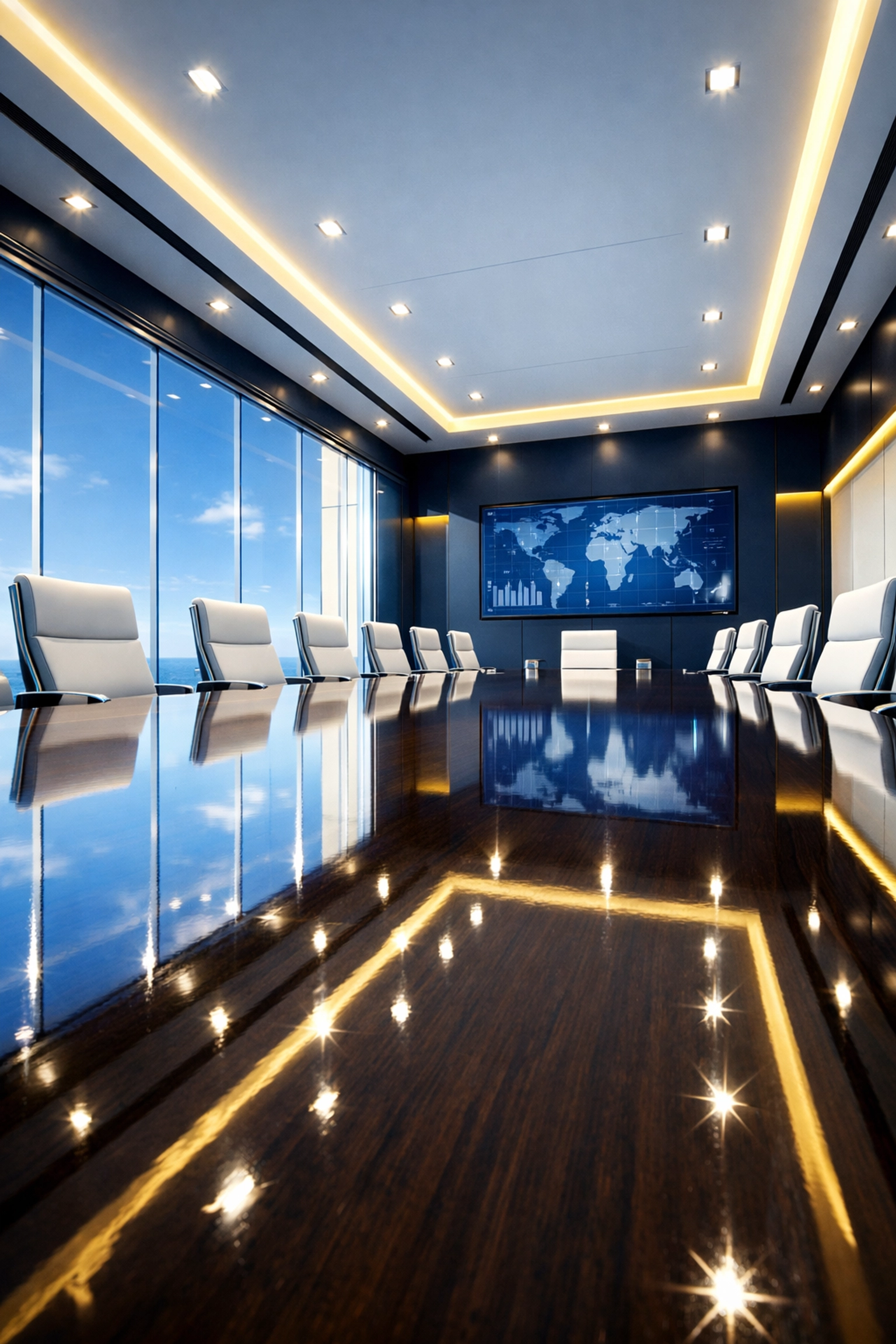 Pristine conference room table showing results of professional deep commercial cleaning in Maynard for businesses.