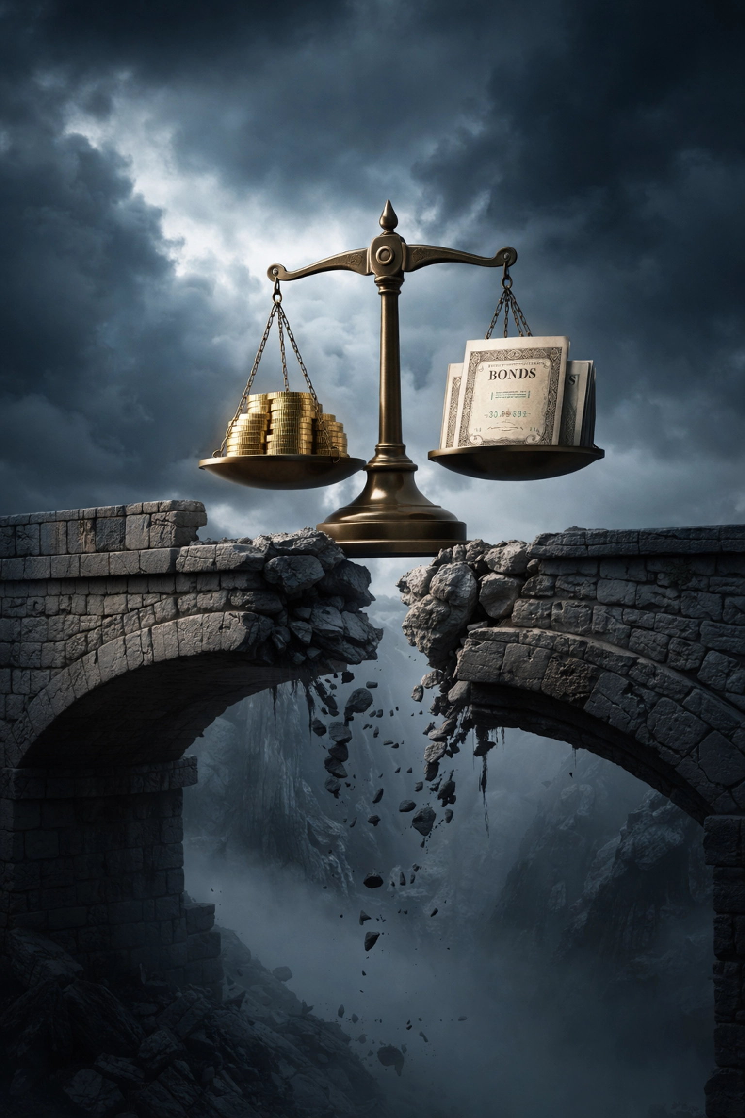 Symbolic image of a weakened bridge and unbalanced scales representing the instability of traditional 60/40 portfolios amid market uncertainty.
