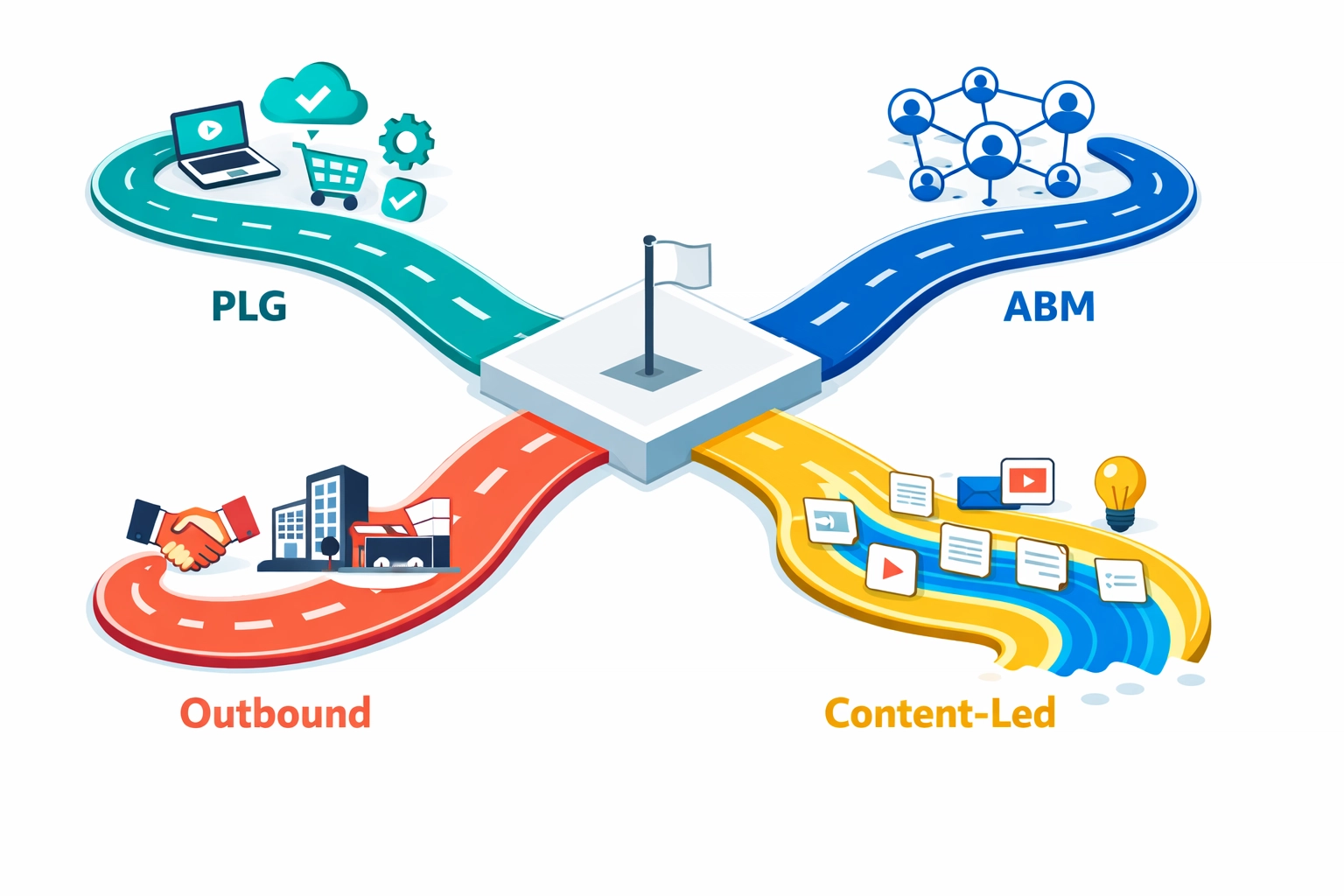 Four SaaS go-to-market motions: PLG, ABM, outbound, and content-led strategies diverging