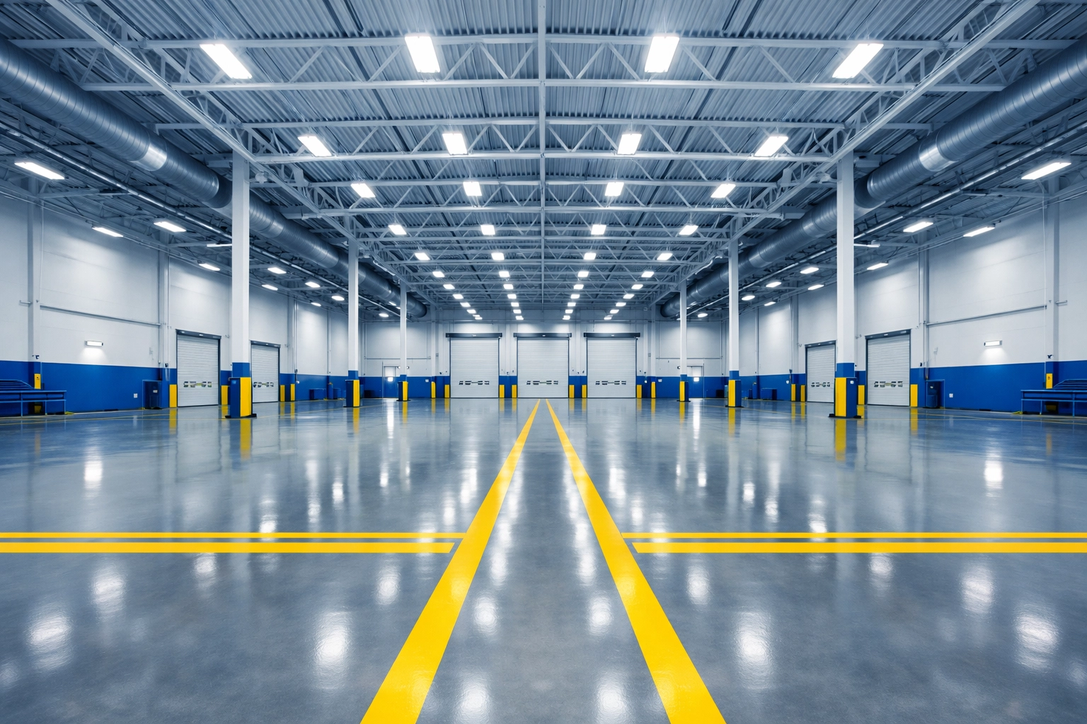 Clean industrial warehouse in Peabody's Centennial Park with polished concrete floors and safety markings.