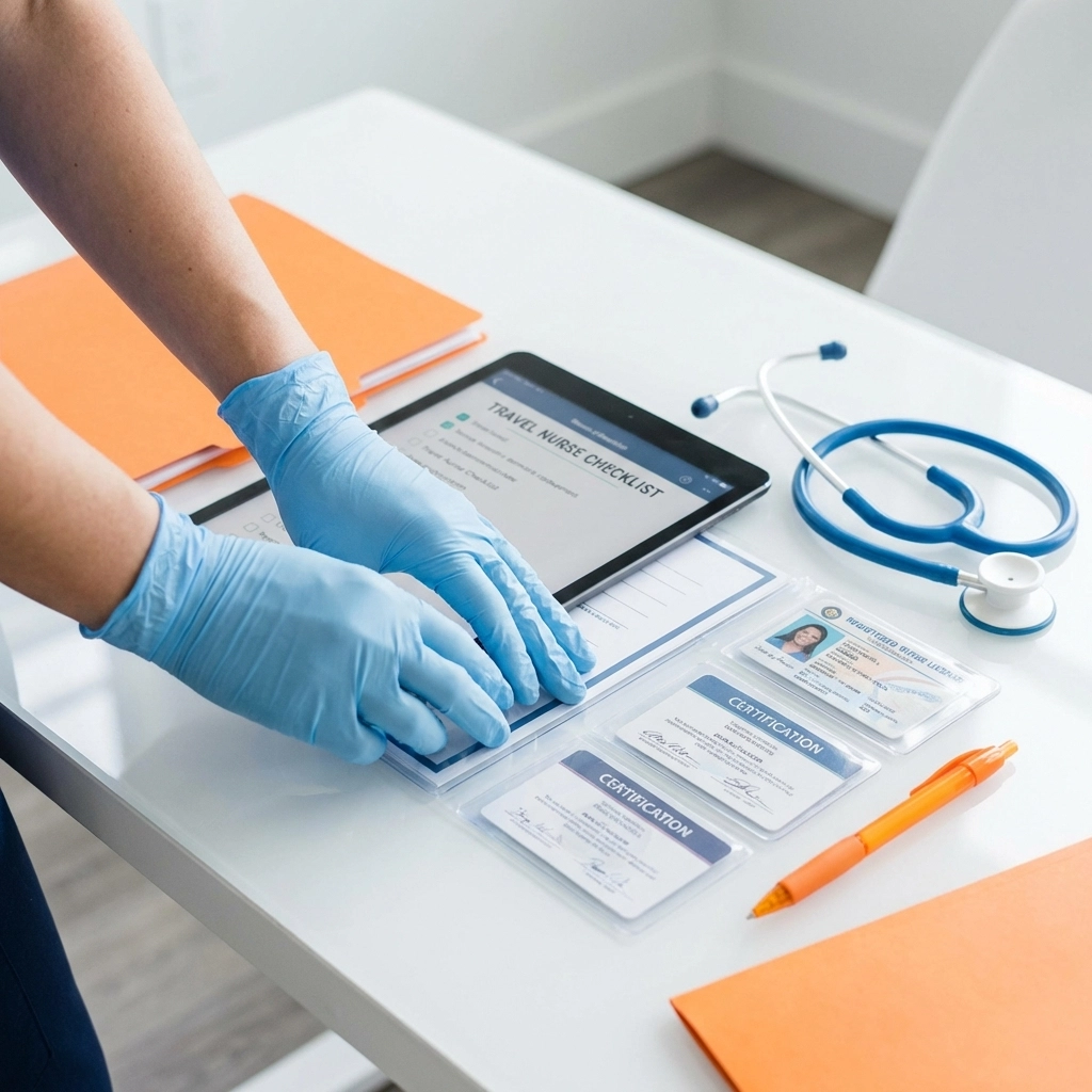 Close-up of travel nurse organizing license and certifications, illustrating credentialing tips for travel nursing.