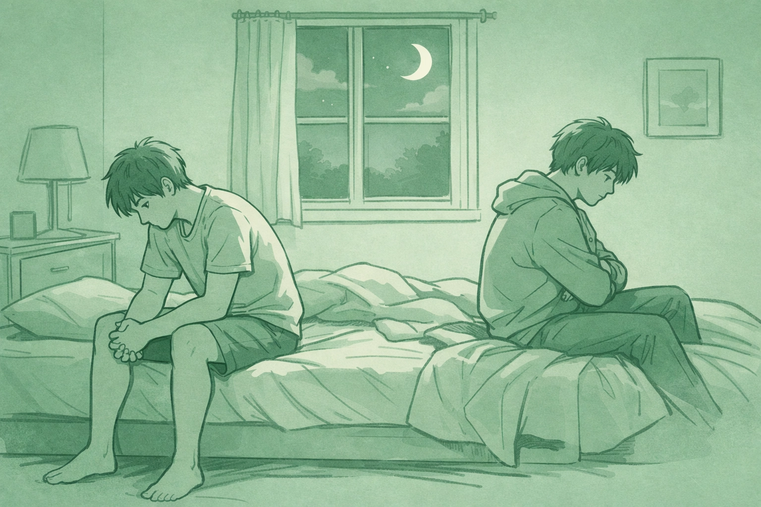 Step-brothers on bed showing internal conflict in emotional MM fiction scene