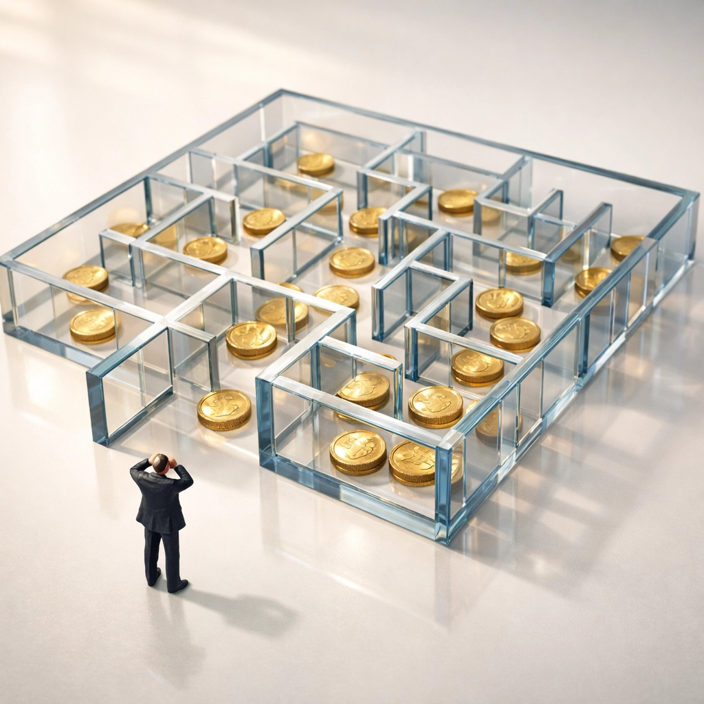 Maze with coins illustrating hidden annuity fees and complex commission structures