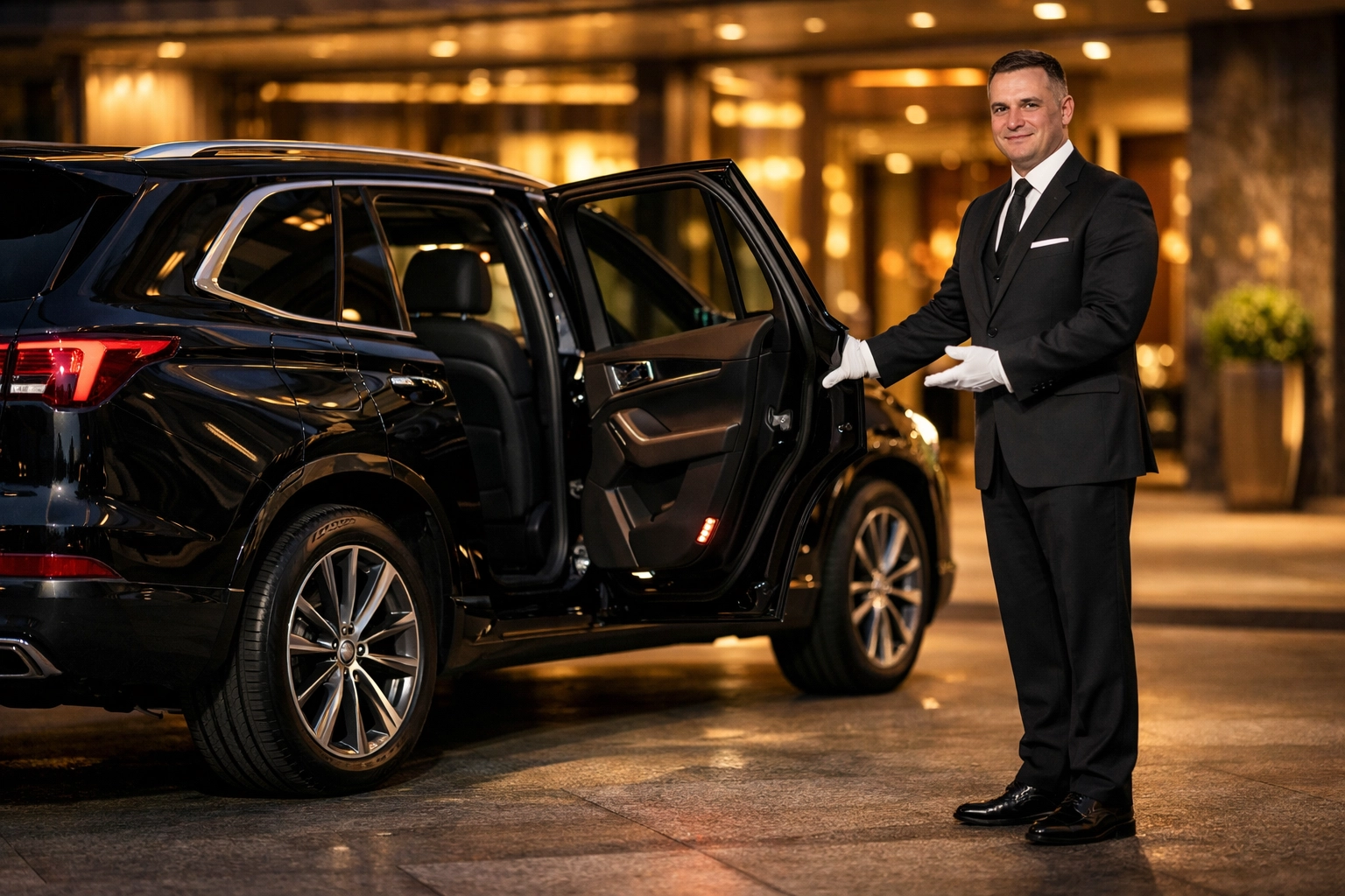 Professional chauffeur opening a luxury SUV door for VIP executive travel at a high-end hotel.