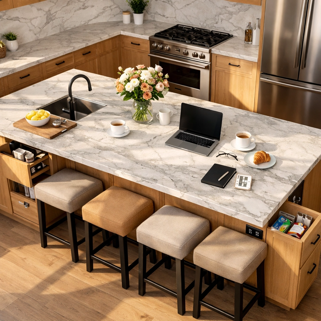 Modern kitchen island Orlando with seating, storage, and quartzite countertops