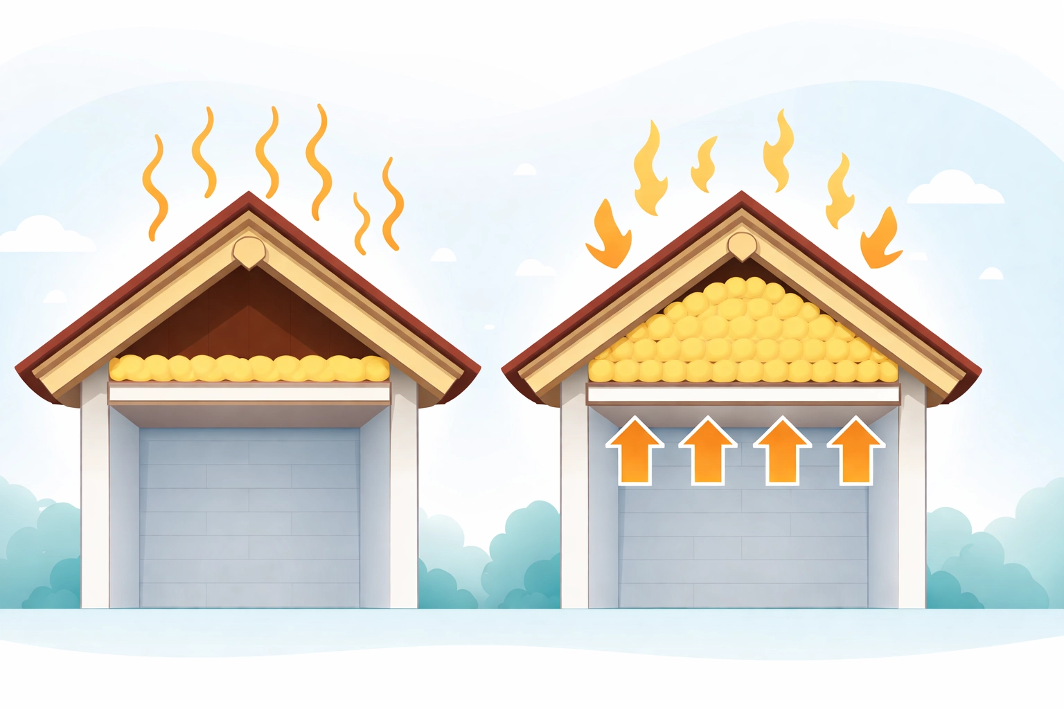 Side-by-side illustration showing thin versus thick loft insulation and heat loss in UK homes