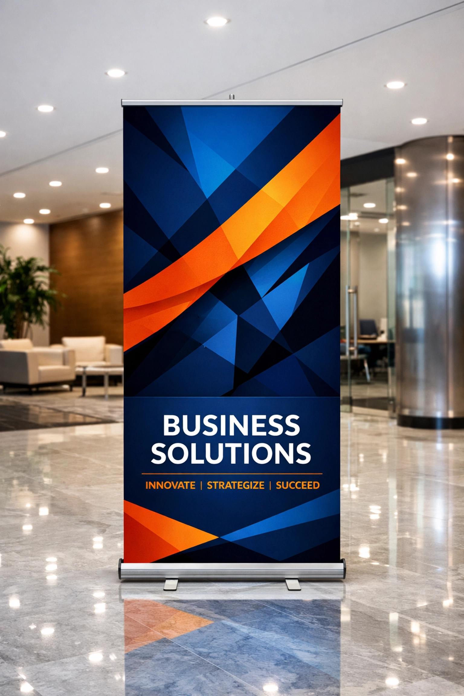 Professional retractable pop-up banner in a modern office lobby for indoor business branding.